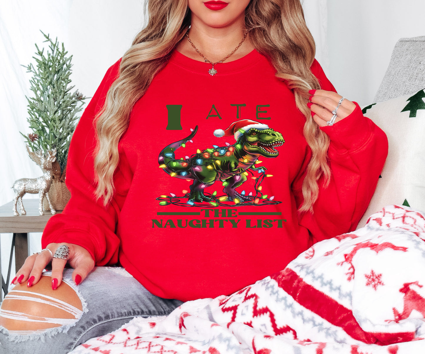 Naughty List Shirt – Dinosaur Xmas Tee – Funny Holiday Top Hoodie, Sweatshirt, Infant, Adult Sizes