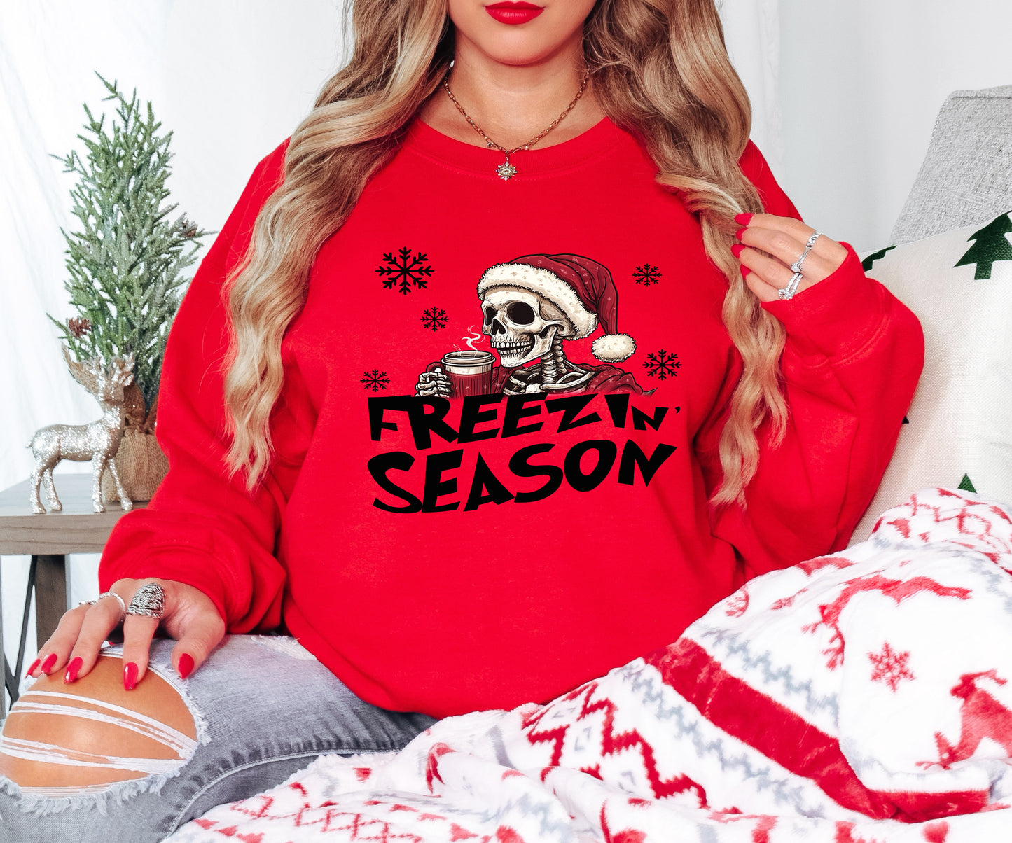 Freezin' Season Skeleton Xmas Shirt Holiday Coffee Top Hoodie Sweatshirt Infant to Adult Sizes