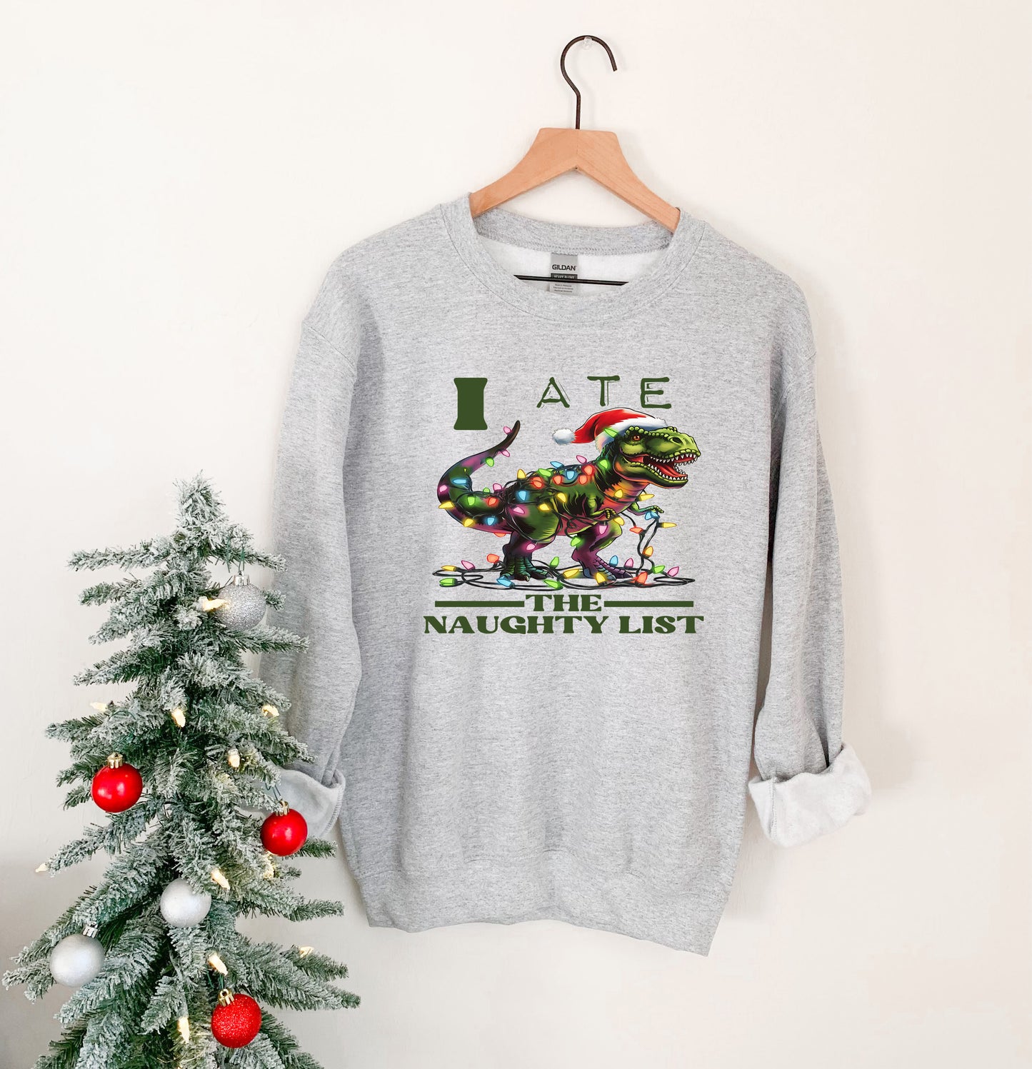 Naughty List Shirt – Dinosaur Xmas Tee – Funny Holiday Top Hoodie, Sweatshirt, Infant, Adult Sizes