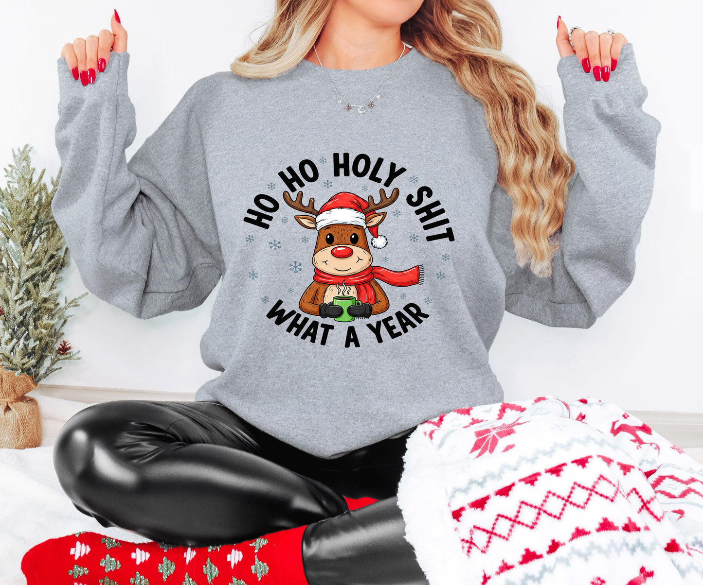 Funny Christmas Shirt – HO HO HOLY SH*T – Holiday Humor Gift – Reindeer Coffee Design
