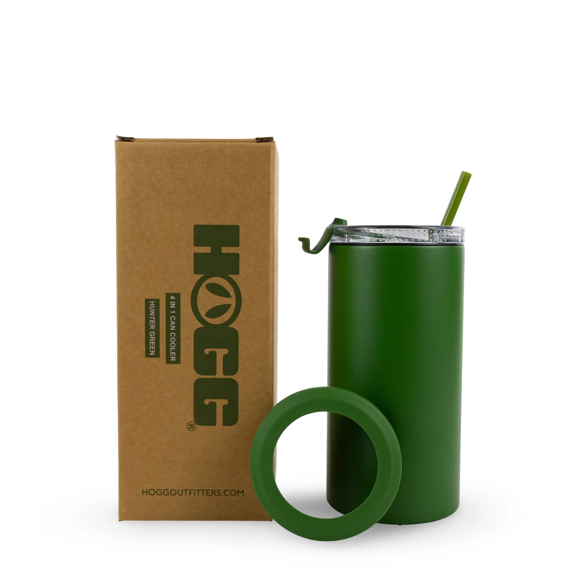 Green tumbler with straw and lid next to a brown box with 'HOGG' branding on a white background