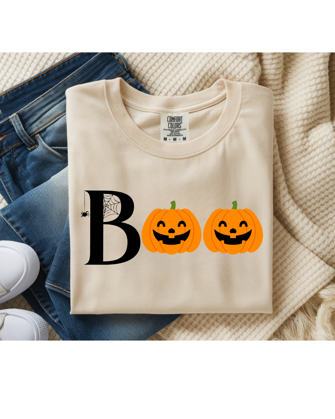 Comfort Colors Halloween T-Shirt – Spider Web Boo Design – Fall Graphic Tee – Spooky Season Shirt – Customizable Halloween Apparel