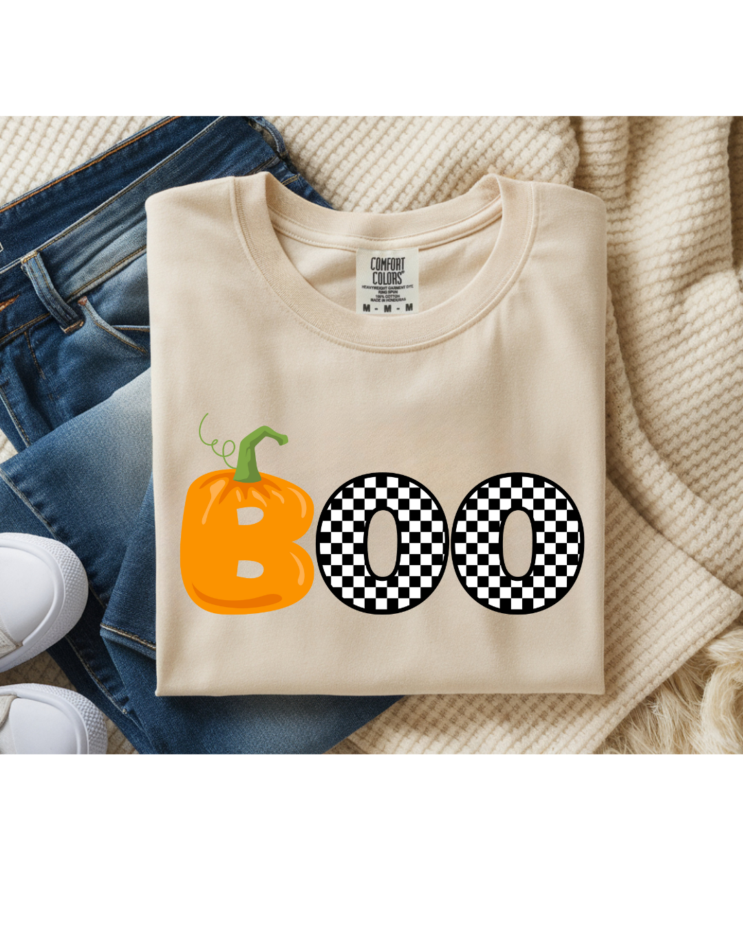 Checkerboard Pumpkin “BOO” Halloween Shirt – Comfort Colors