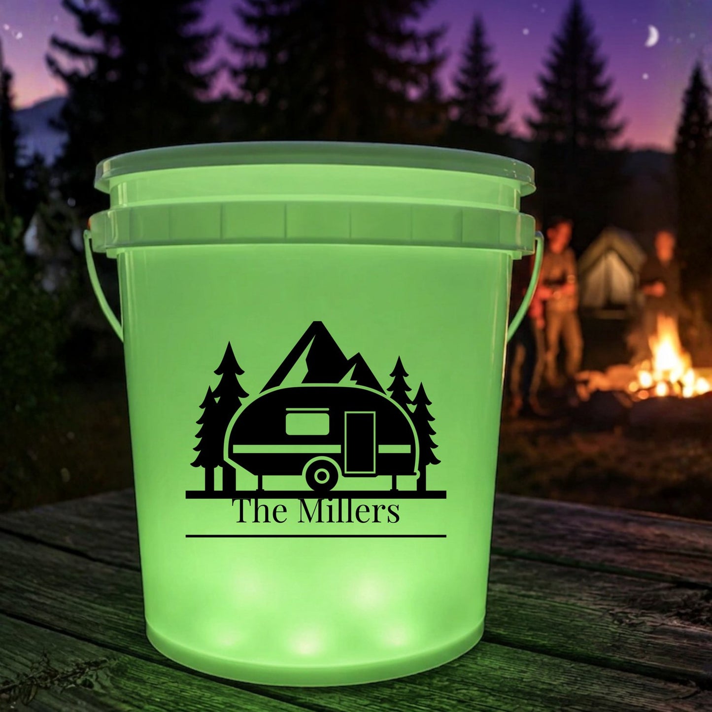 Personalized camper decal on outdoor bucket