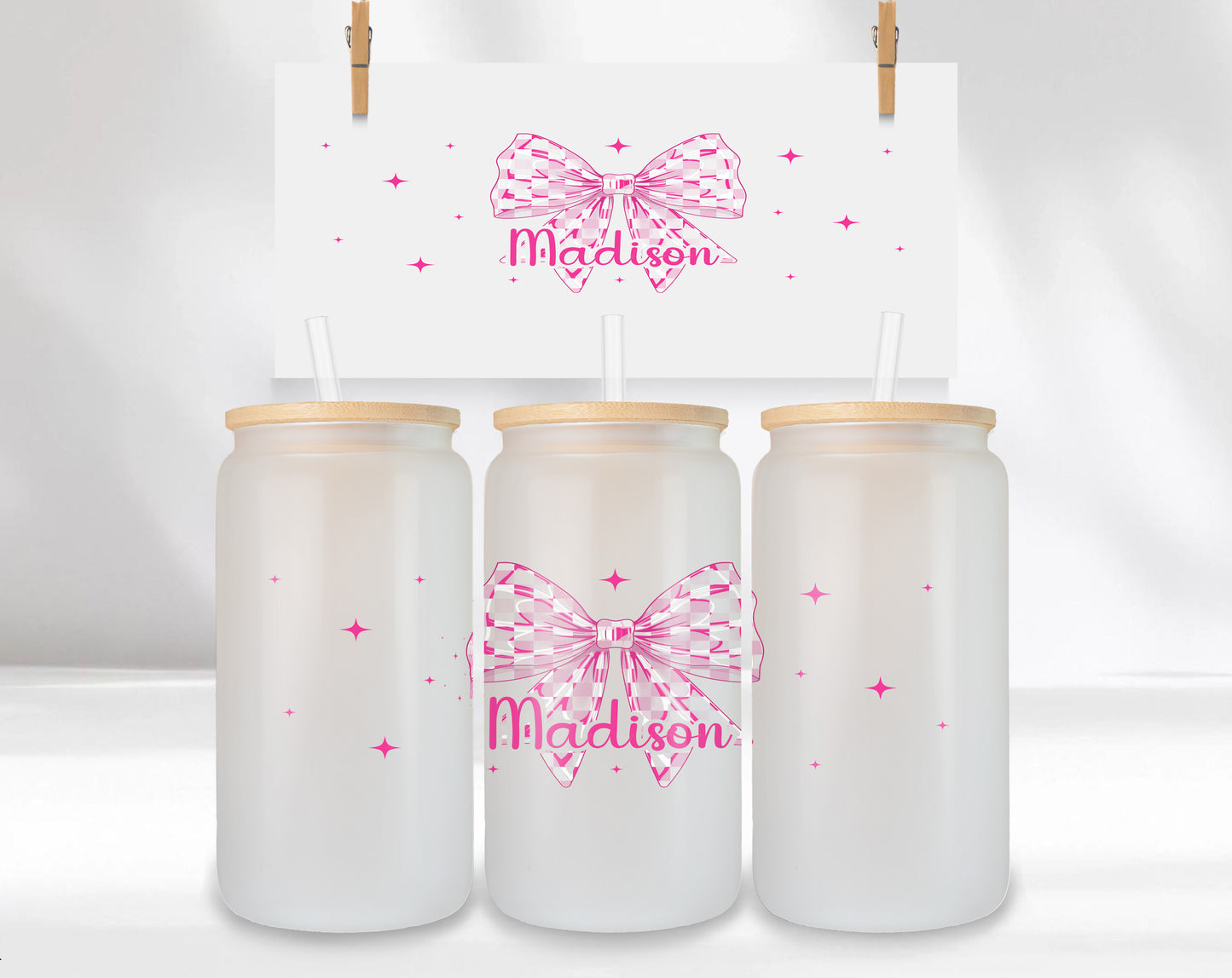 Iced Coffee Cup Personalized Pink Bow Glass can with Bamboo Lid & Straw - Frosted Cup, Custom Checkered Ribbon Gift for Women