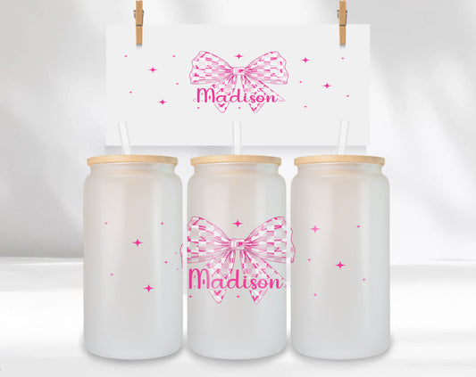 Iced Coffee Cup Personalized Pink Bow Glass can with Bamboo Lid & Straw - Frosted Cup, Custom Checkered Ribbon Gift for Women