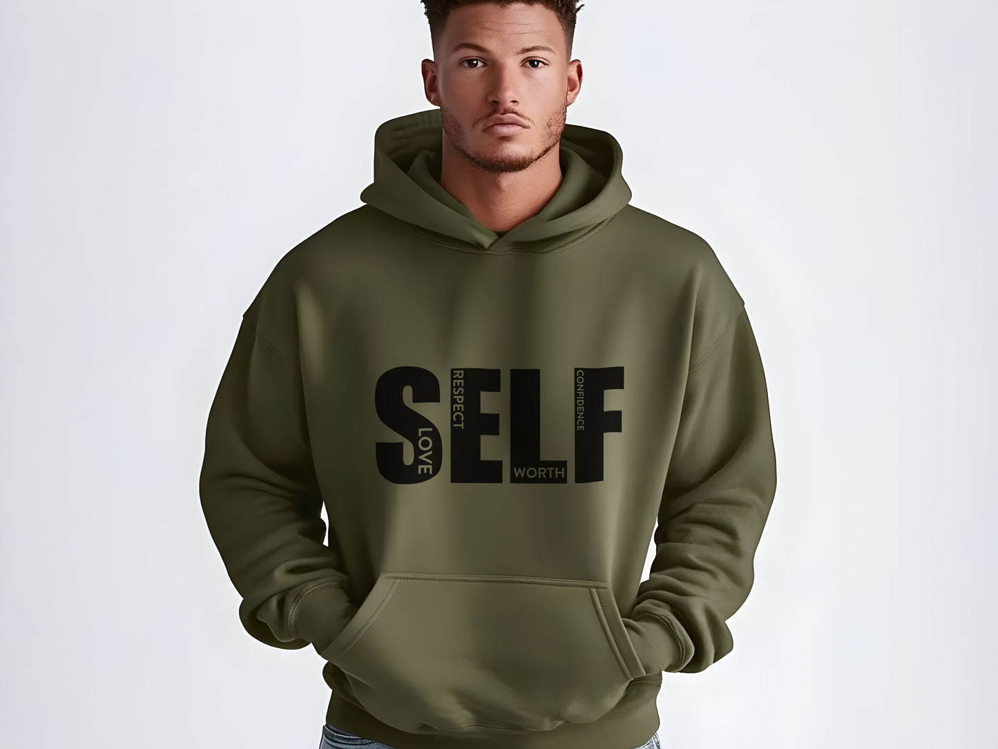Man wearing a green hoodie with 'SELF love respect worth confidence' text on a white background