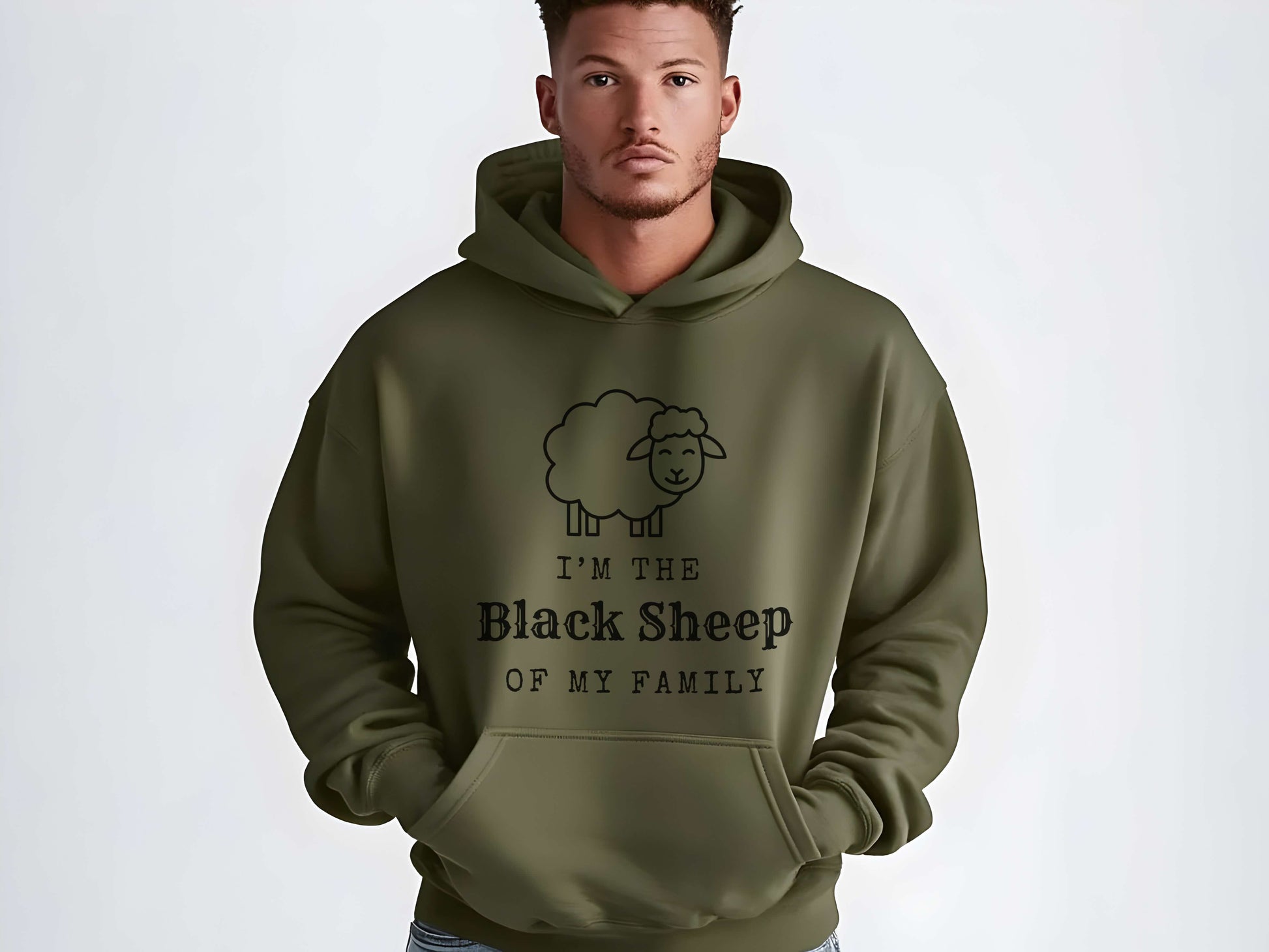Man wearing a green hoodie with 'I'm the Black Sheep of My Family' design on a white background