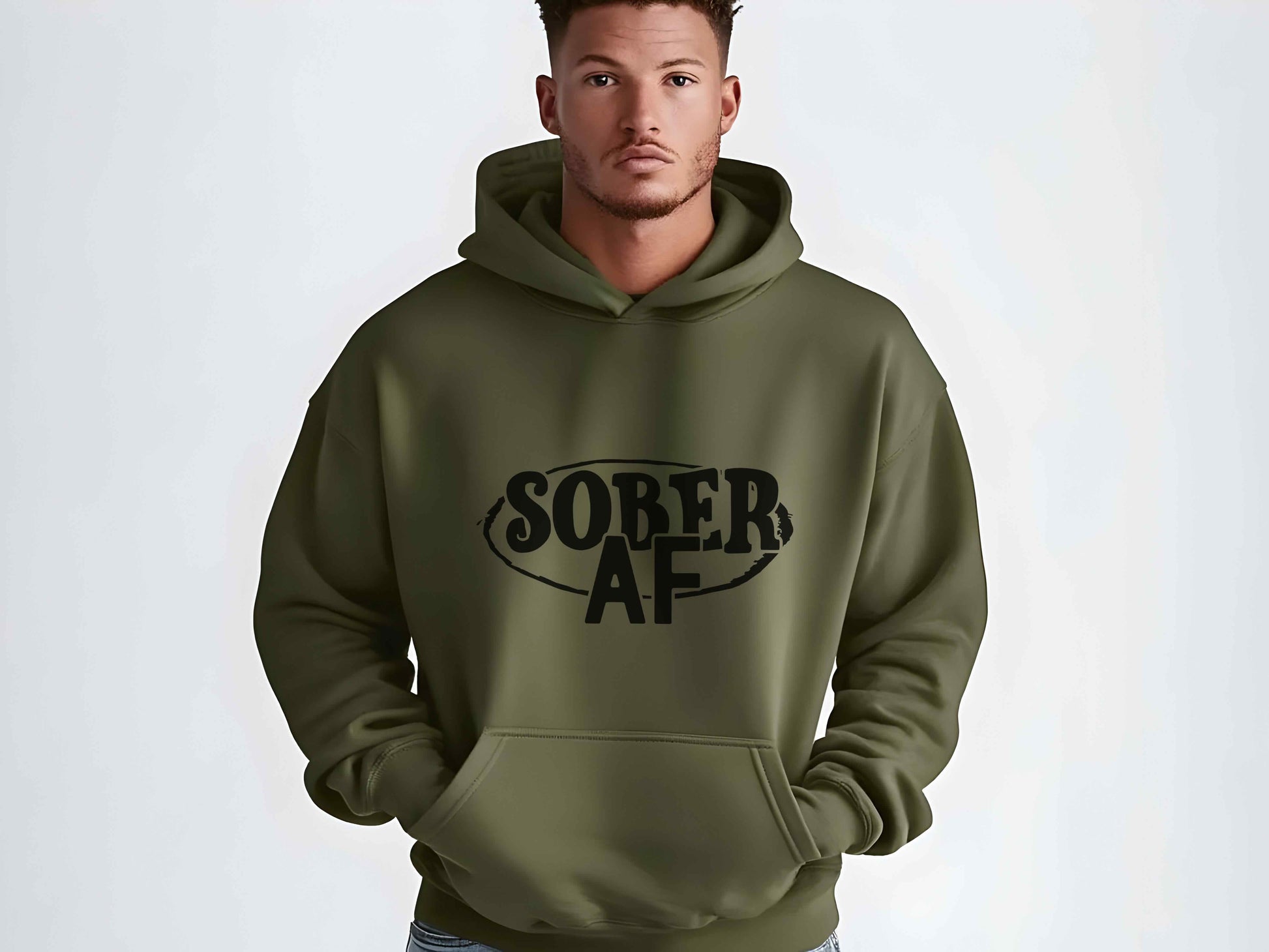 Man wearing a green hoodie with 'SOBER AF' text on a white background