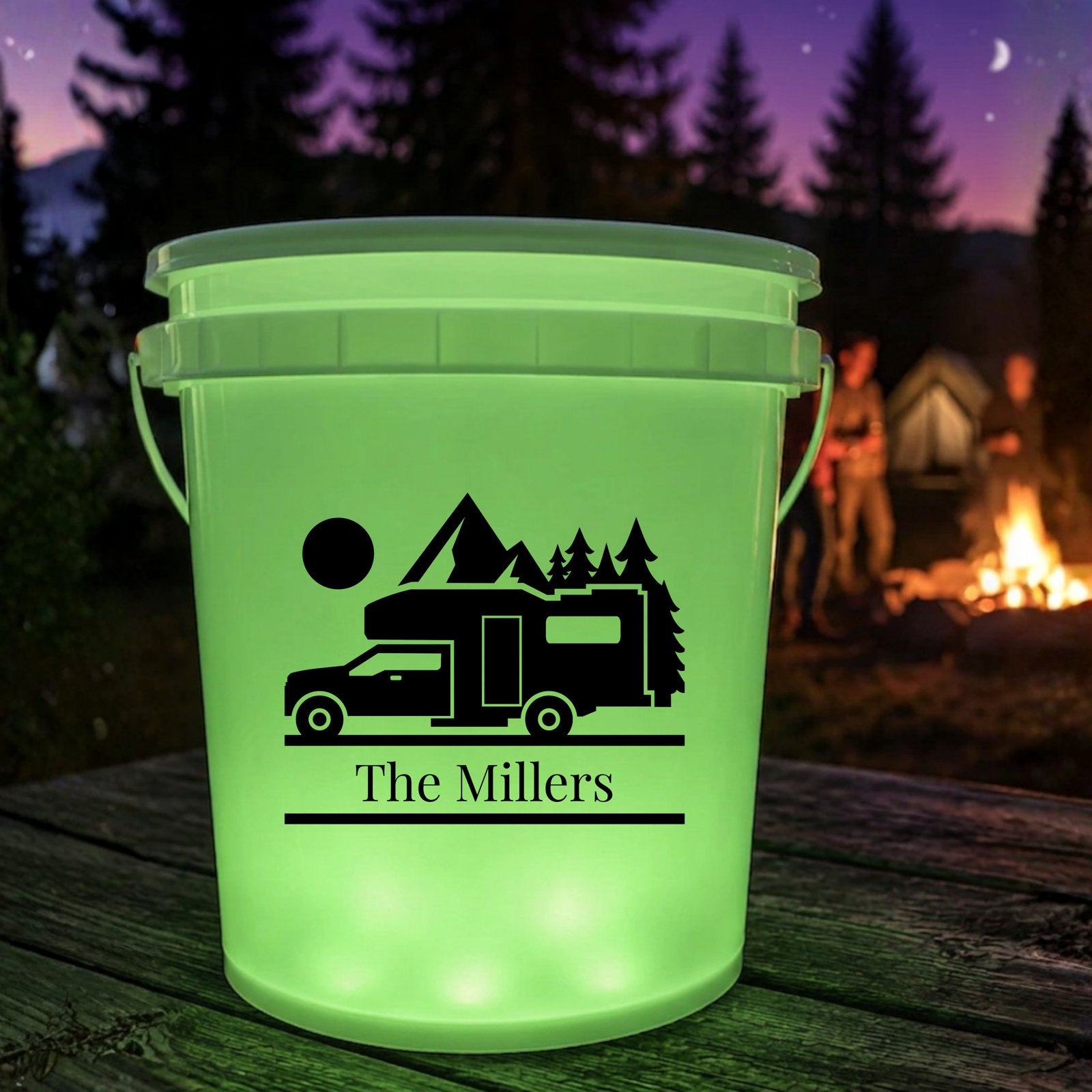 Personalized camper decal on outdoor bucket