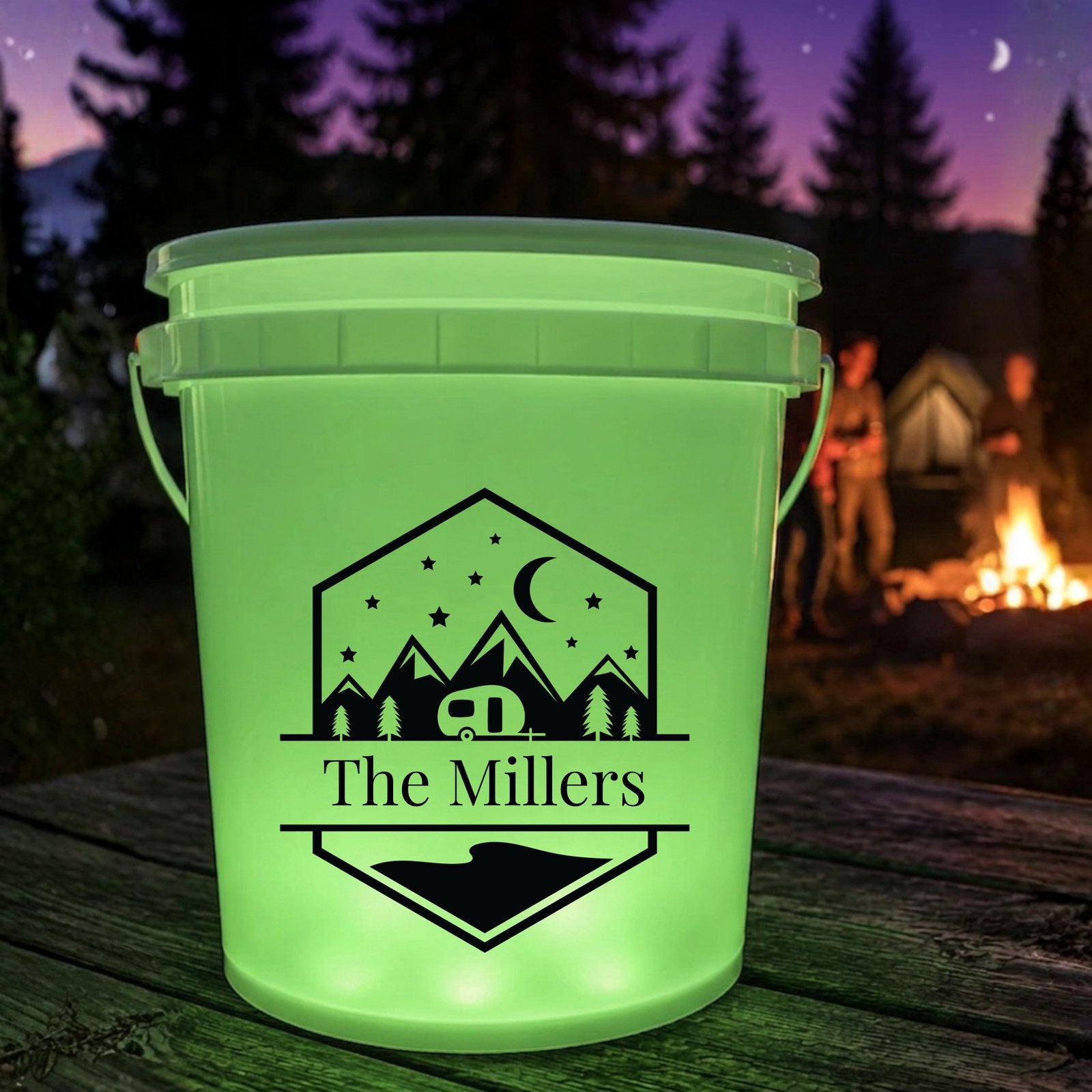 Personalized camper decal on outdoor bucket