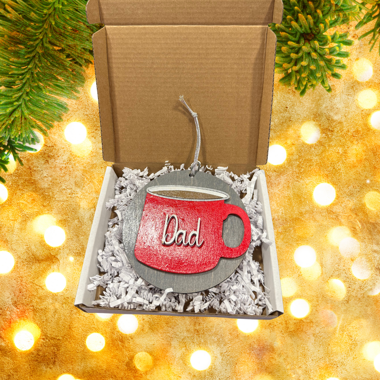 Personalized Wooden Ornament:  Christmas Mug, Laser Cut, Custom Name, Year