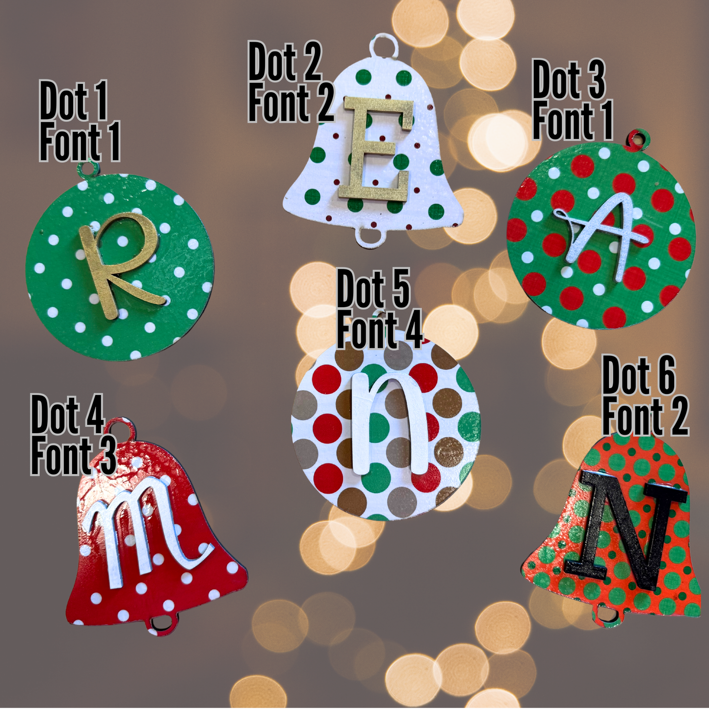 Christmas Polka Dot Round  Bell Wood Ornament:  Personalized Family, Custom Name, 2025 Ornament Personalizable Initial