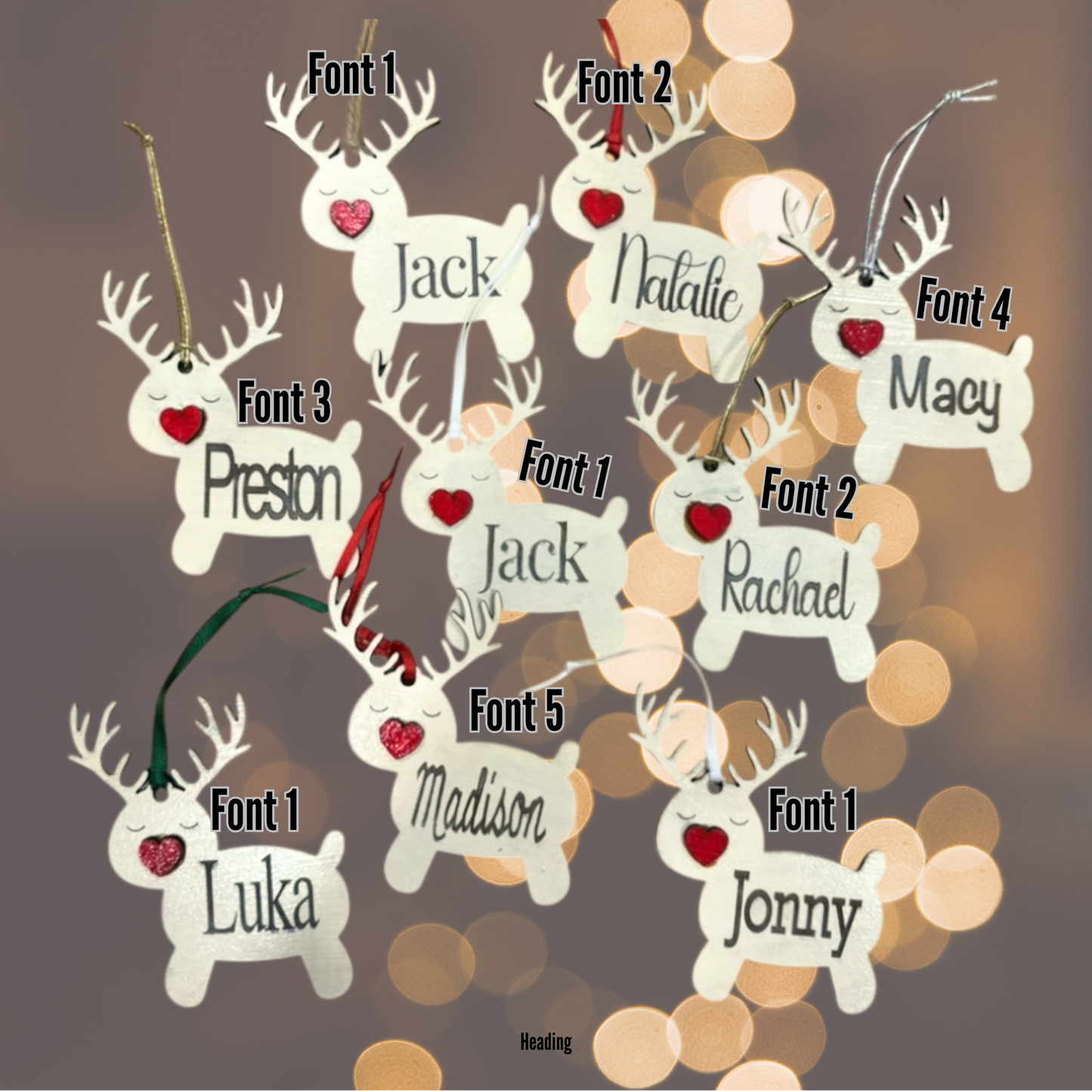 Christmas Reindeer Heart Wood Ornament:  Personalized Family, Custom Name, 2025 Ornament