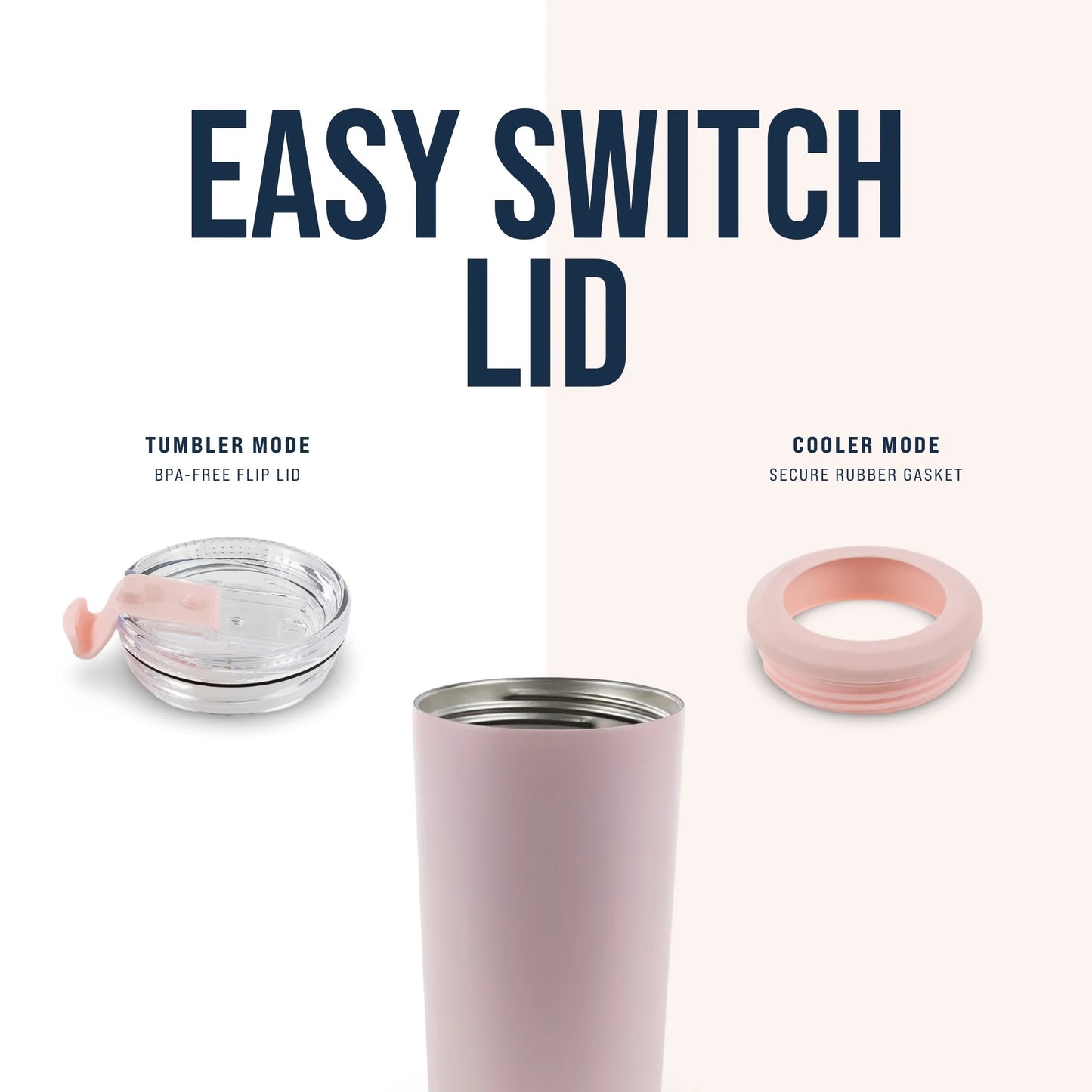 Pink tumbler with interchangeable lids on a white background, featuring text 'Easy Switch Lid'.
