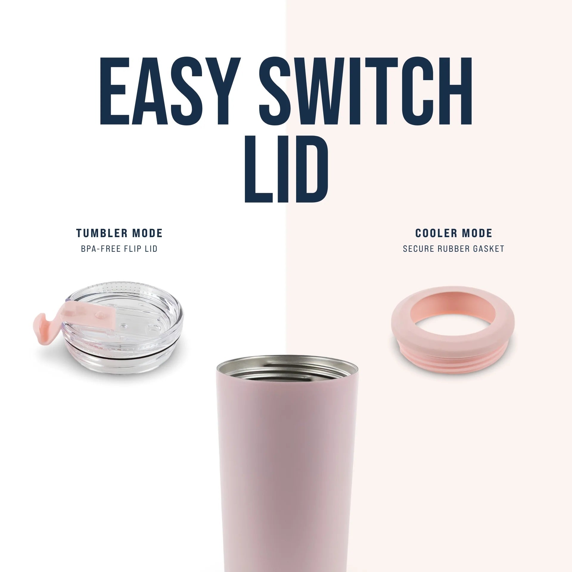 Pink tumbler with interchangeable lids on a white background, featuring text 'Easy Switch Lid'.