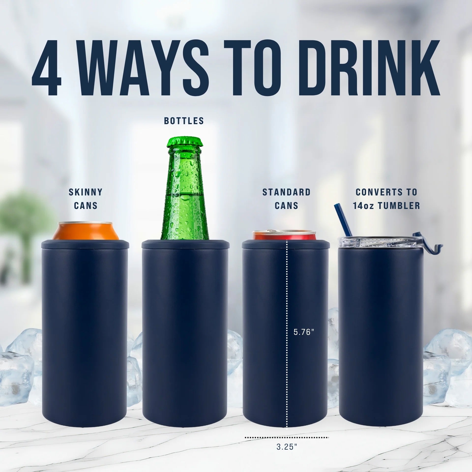 Navy blue can cooler with various drink containers on a blurred background