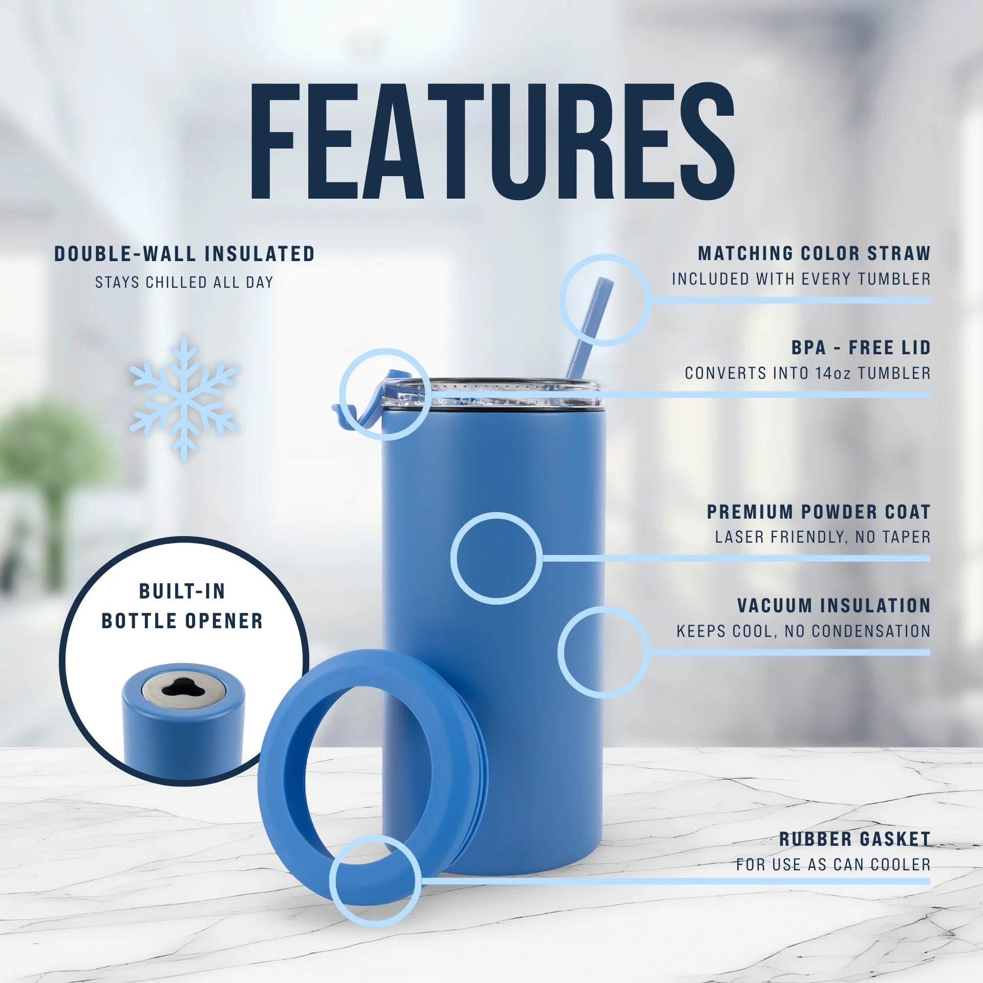 Blue insulated tumbler with features listed on a white background