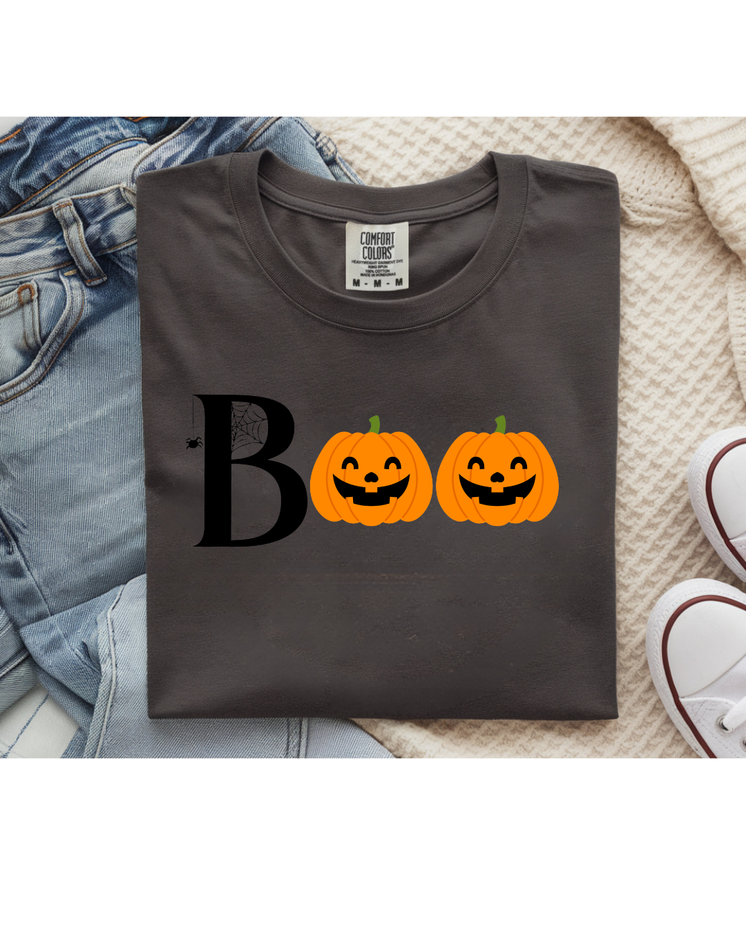 Comfort Colors Halloween T-Shirt – Spider Web Boo Design – Fall Graphic Tee – Spooky Season Shirt – Customizable Halloween Apparel
