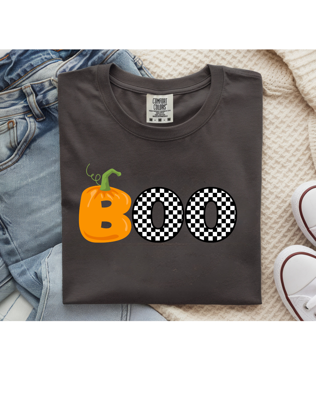 Checkerboard Pumpkin “BOO” Halloween Shirt – Comfort Colors