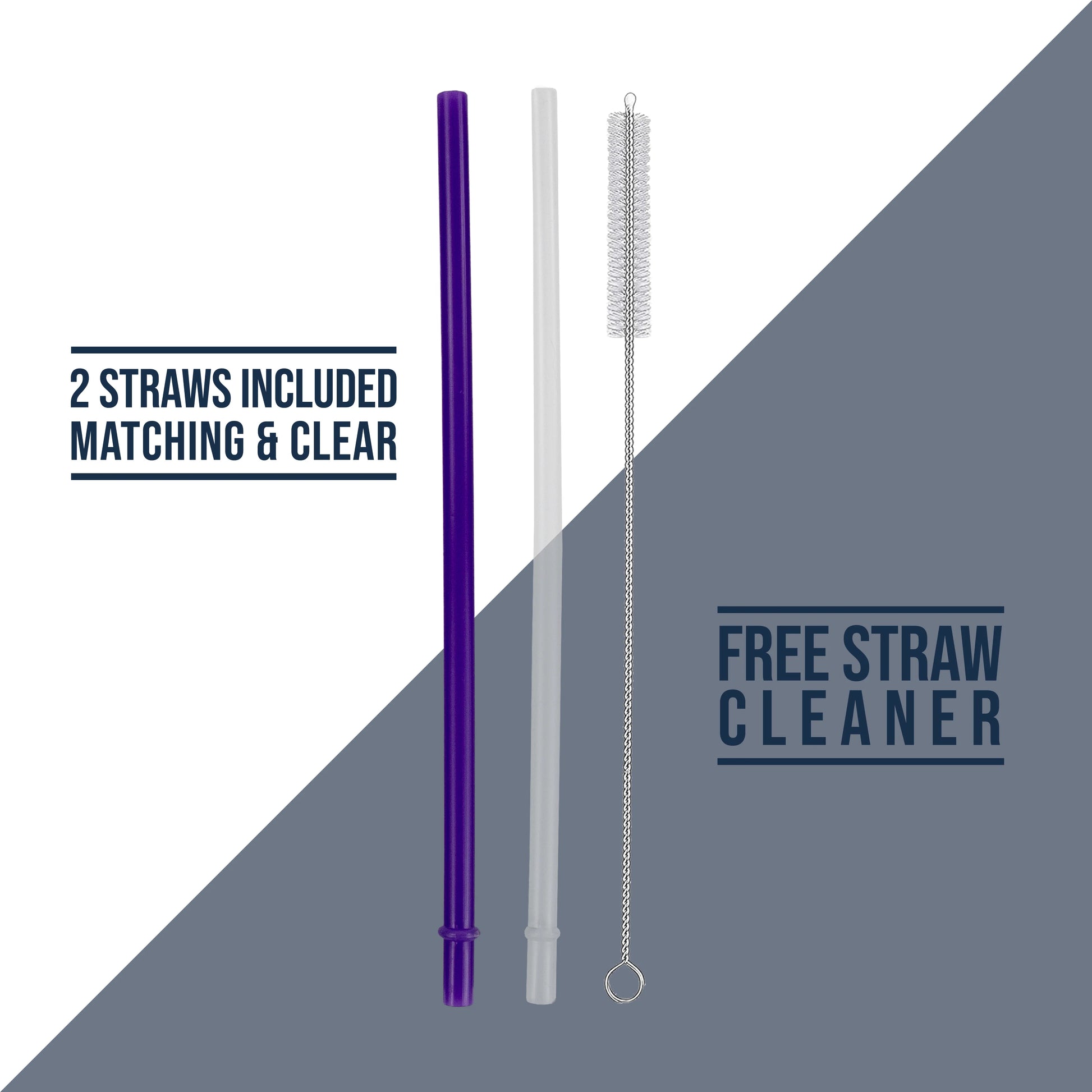 Two straws, one purple and one clear, with a straw cleaner on a gray and white background.