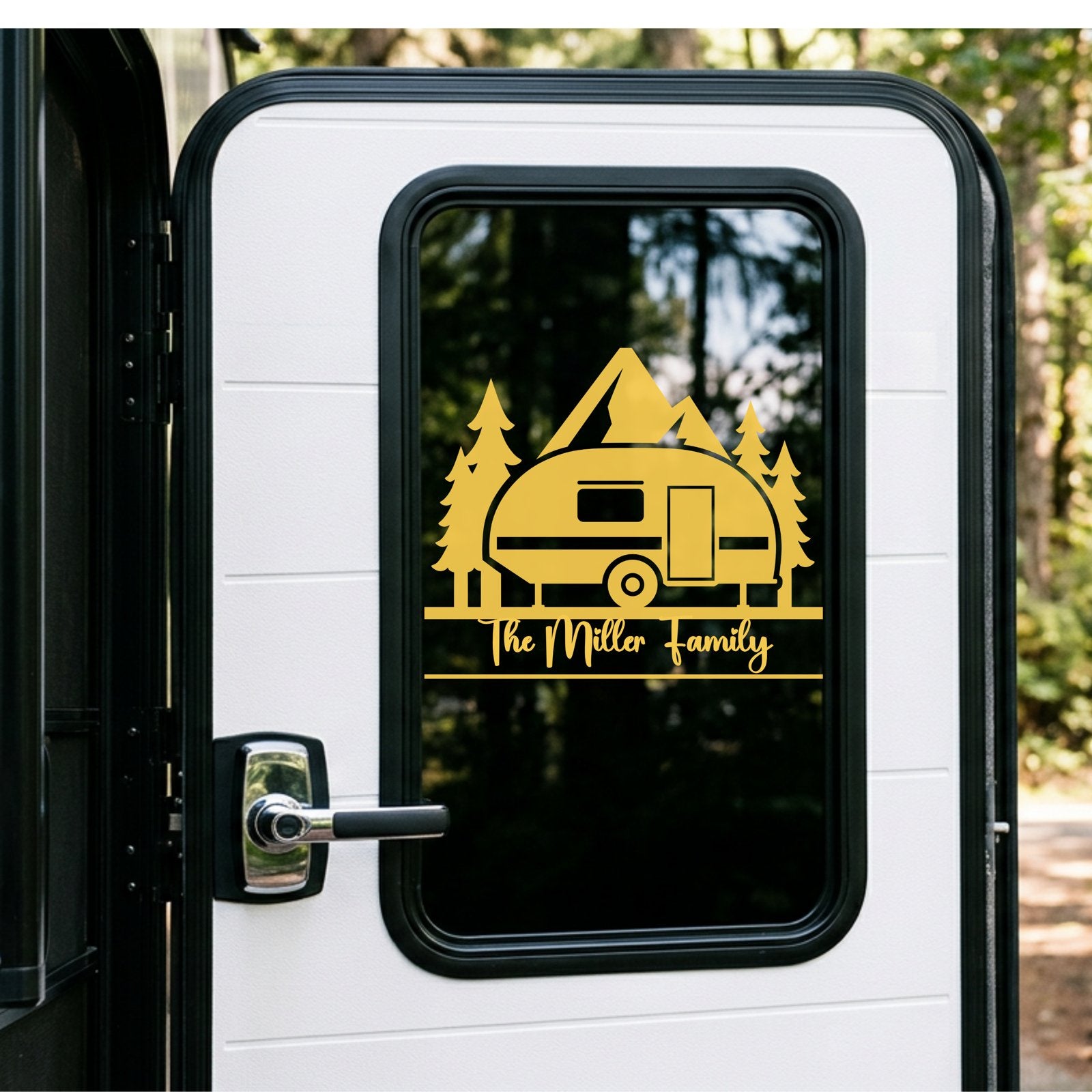 Custom camper name decal on RV window