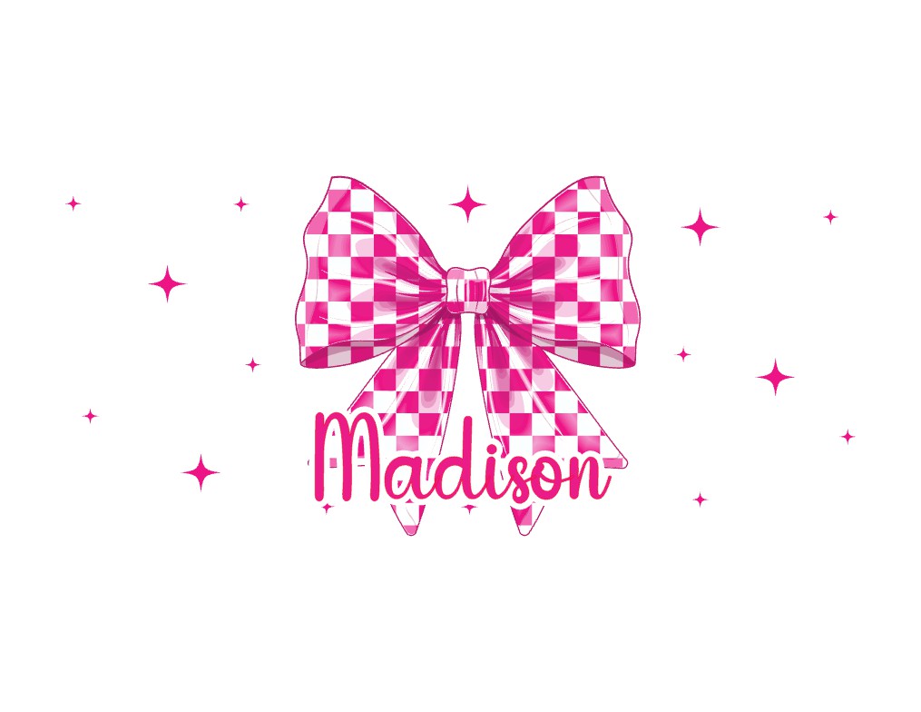 Iced Coffee Cup Personalized Pink Bow Glass can with Bamboo Lid & Straw - Frosted Cup, Custom Checkered Ribbon Gift for Women