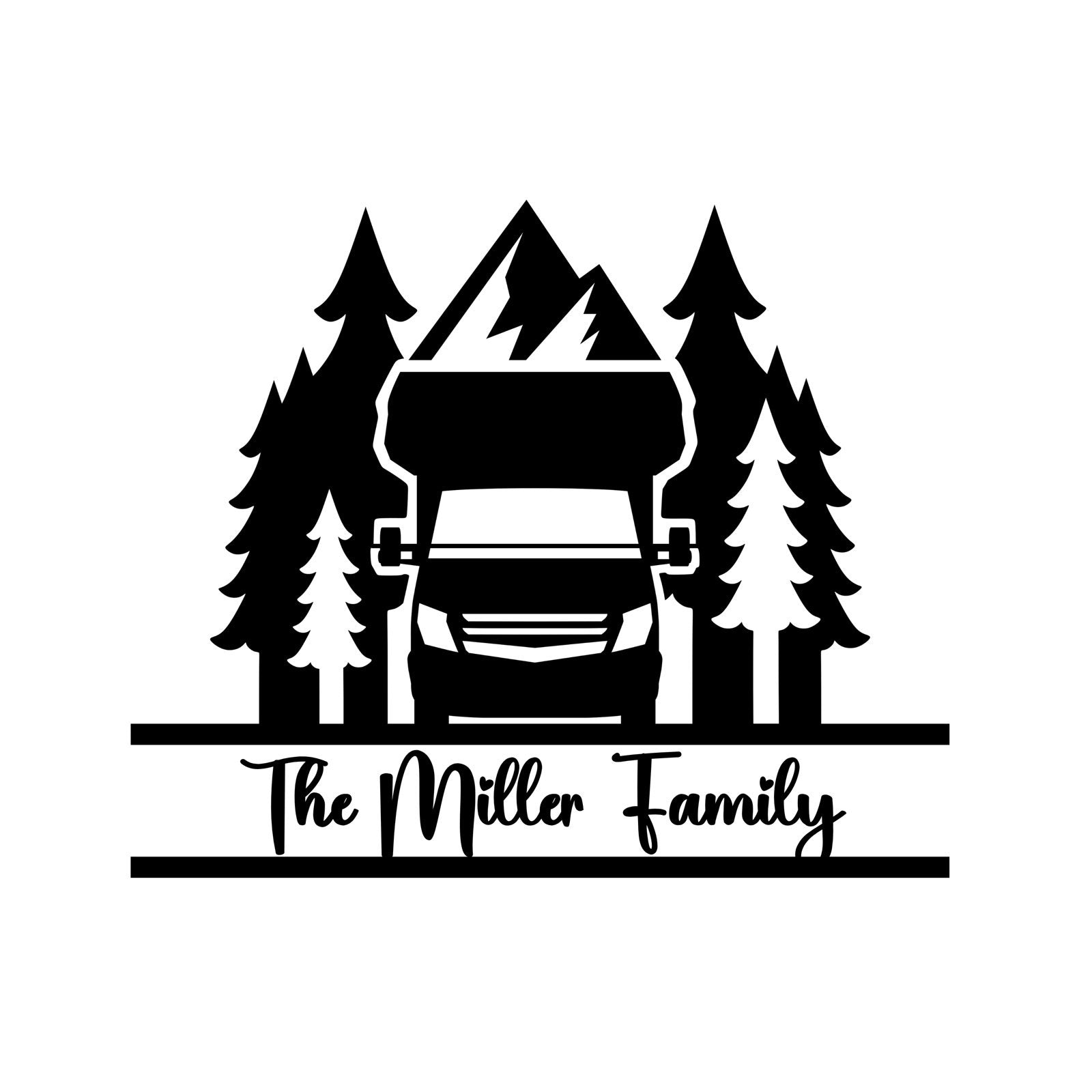 Personalized camper name decal design preview with mountain, pine trees, and family name