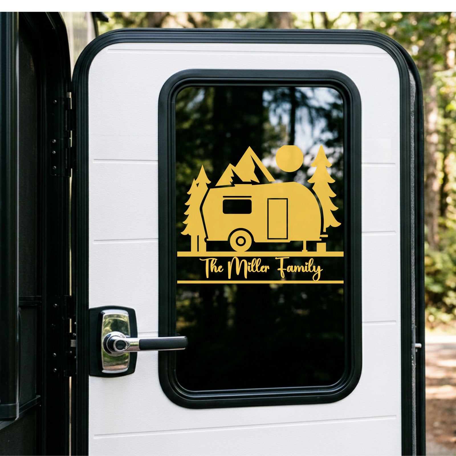 Custom camper name decal on RV window