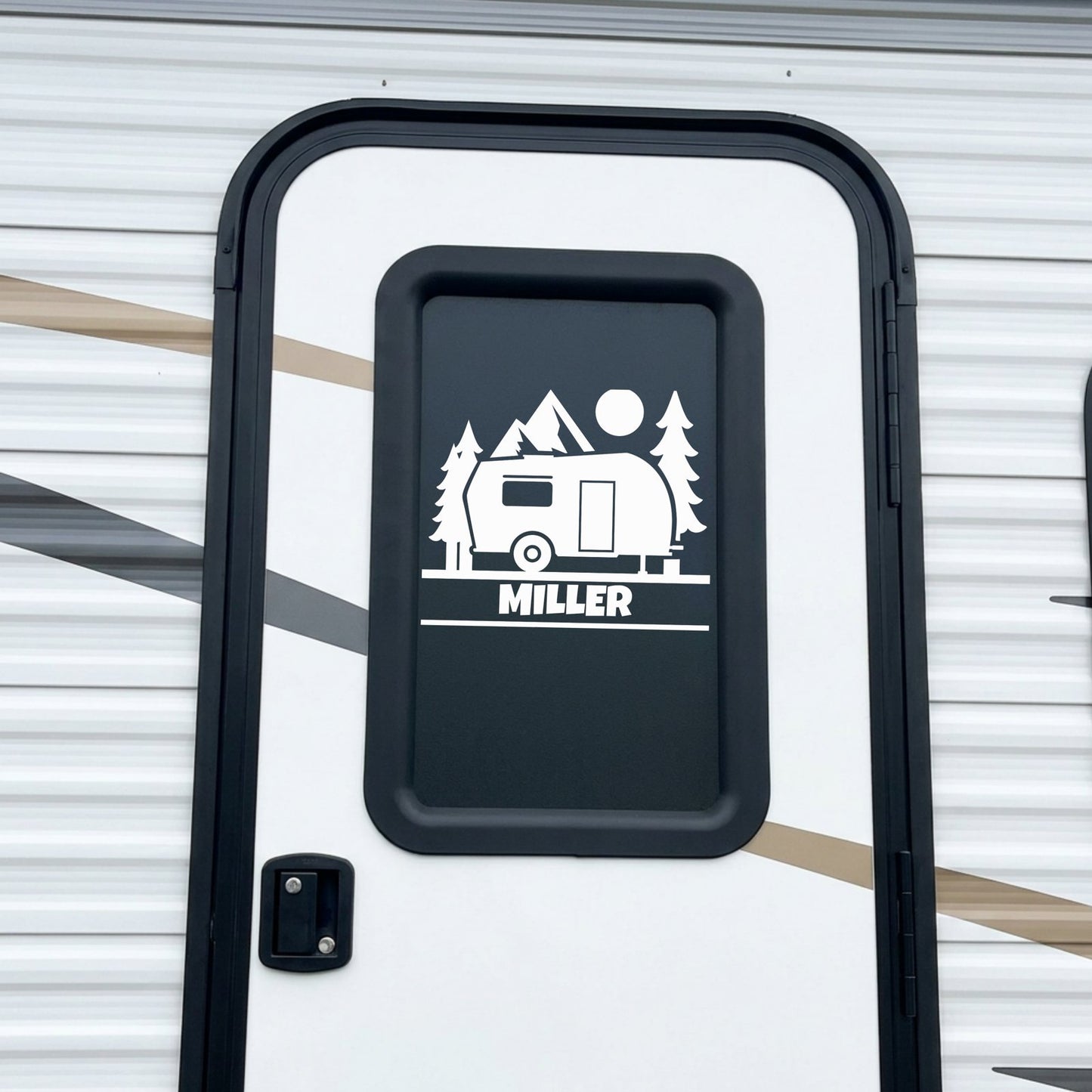Personalized teardrop trailer camper name decal applied to RV door
