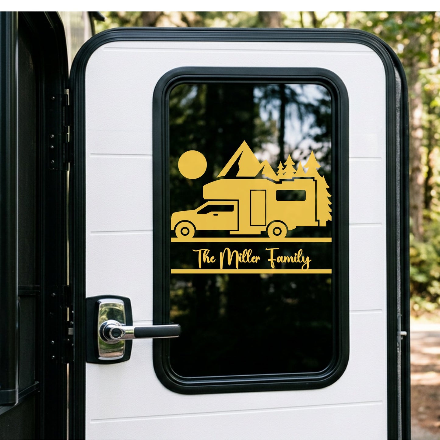 Custom camper name decal on RV window