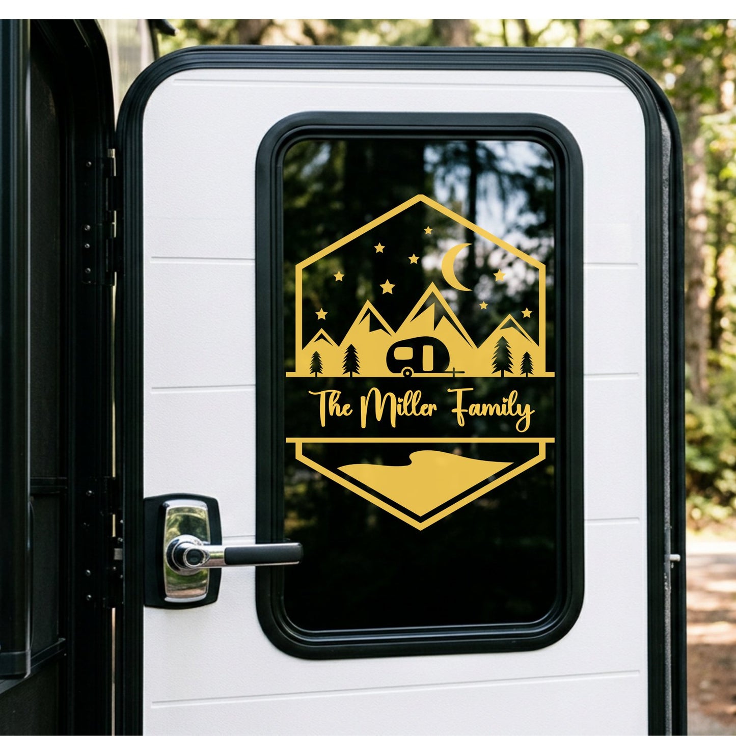 Custom camper name decal on RV window