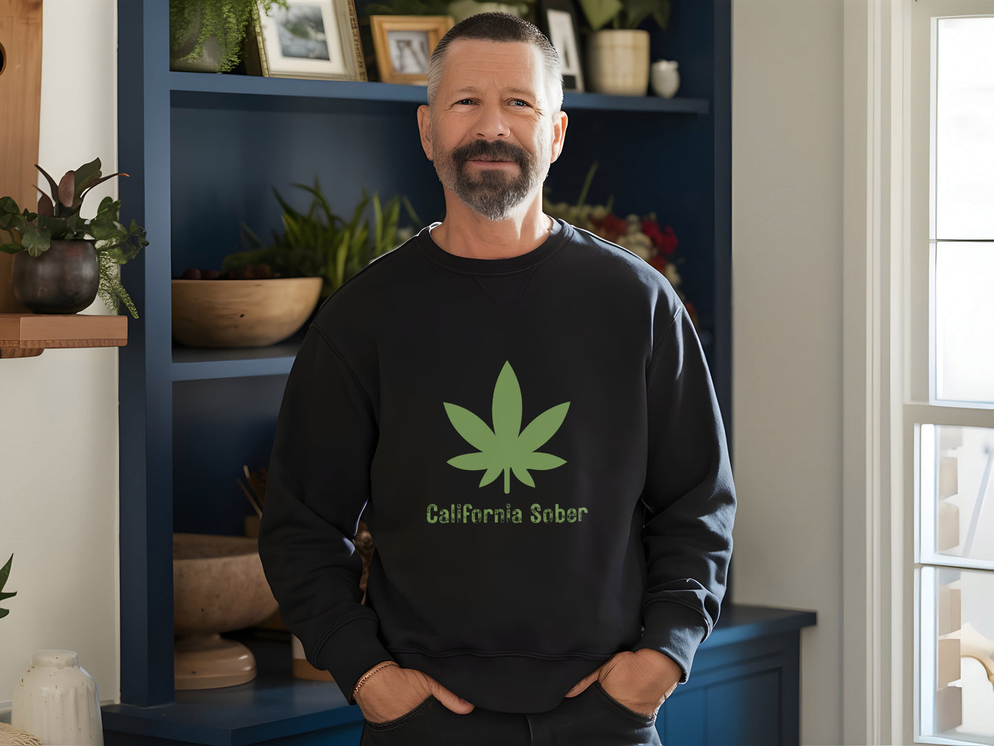 Man wearing a black sweatshirt with a green leaf design and 'California Sober' text, standing in a room with plants and shelves.