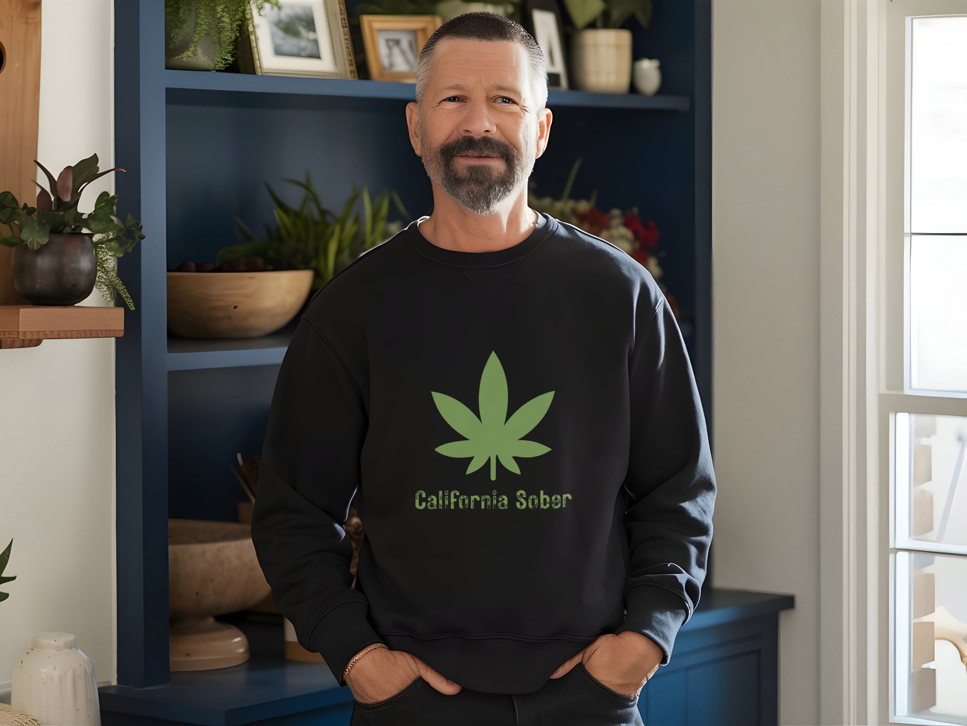 Man wearing a black sweatshirt with a green leaf design and 'California Sober' text, standing in a room with plants and shelves.