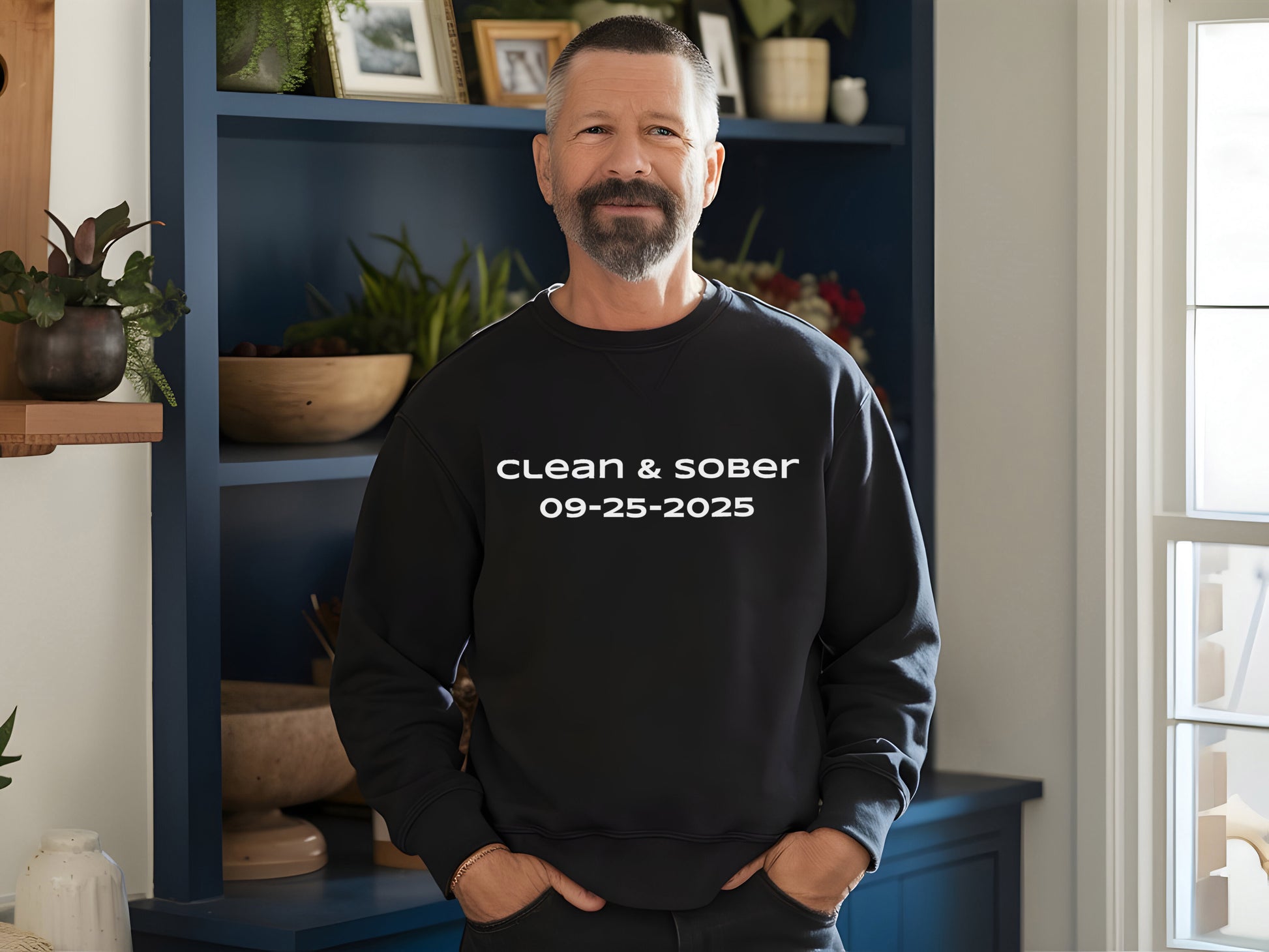 Man wearing a black sweatshirt with 'clean & sober' text in a home setting