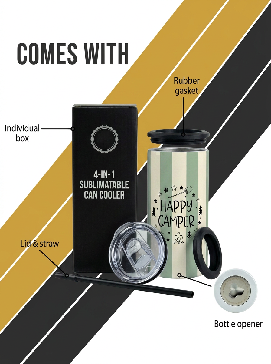 Happy Camper 4-in-1 Insulated Can Cooler Tumbler – Fits Cans, Bottles & Skinny Cans