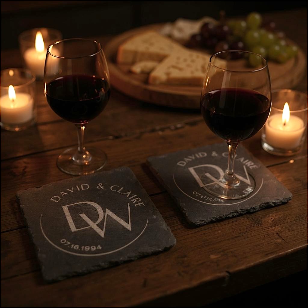 Personalized Engraved Coaster - Slate or Wood – Couples Monogram & Name - Set of 4