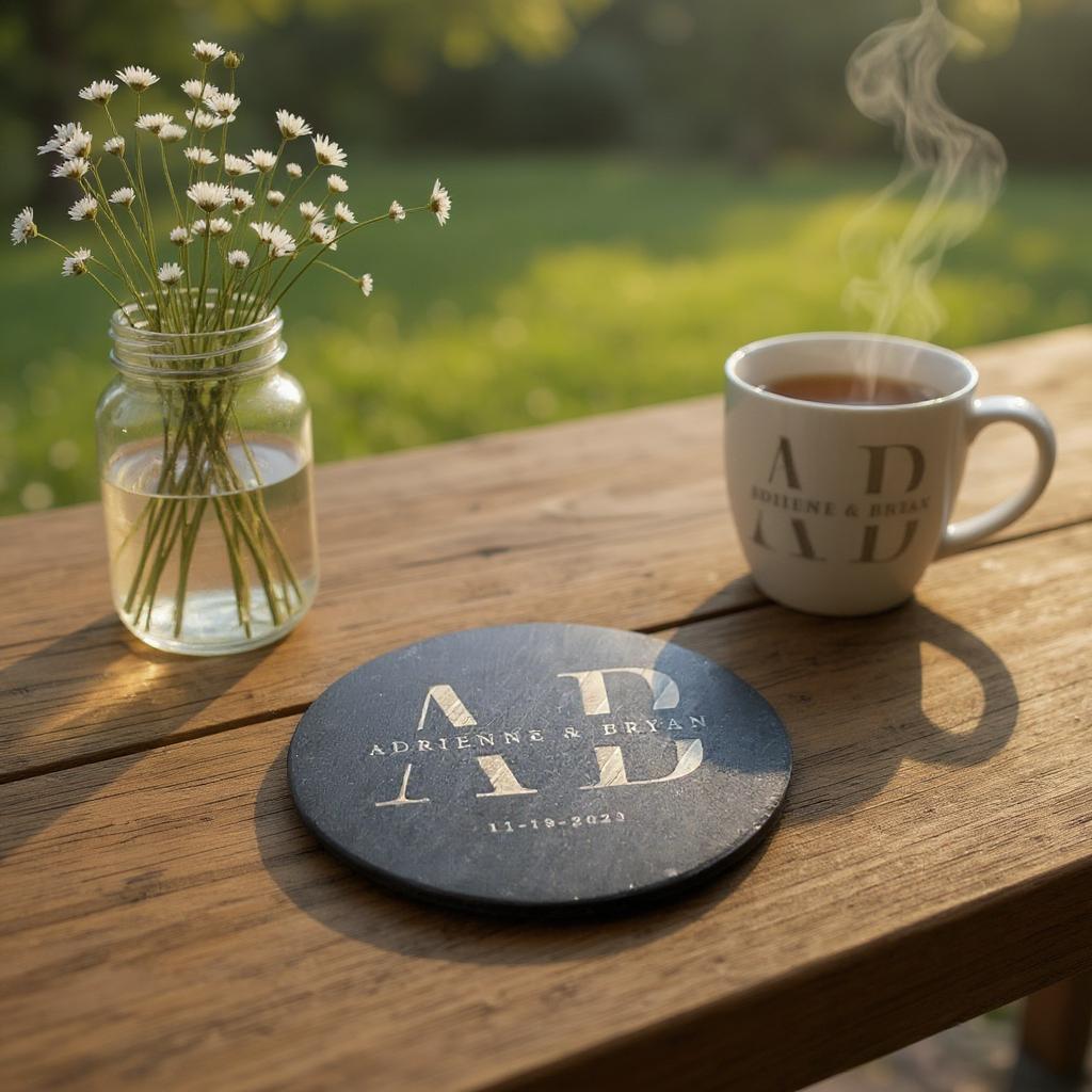 Personalized Engraved Coaster - Slate or Wood – Couples Monogram & Name - Set of 4
