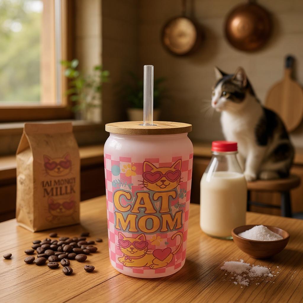 Dog Mom & Cat Mom Glass Can with Bamboo Lid & Straw | Cute Pet-Themed Gift for Animal Lovers, Great for Iced Coffee