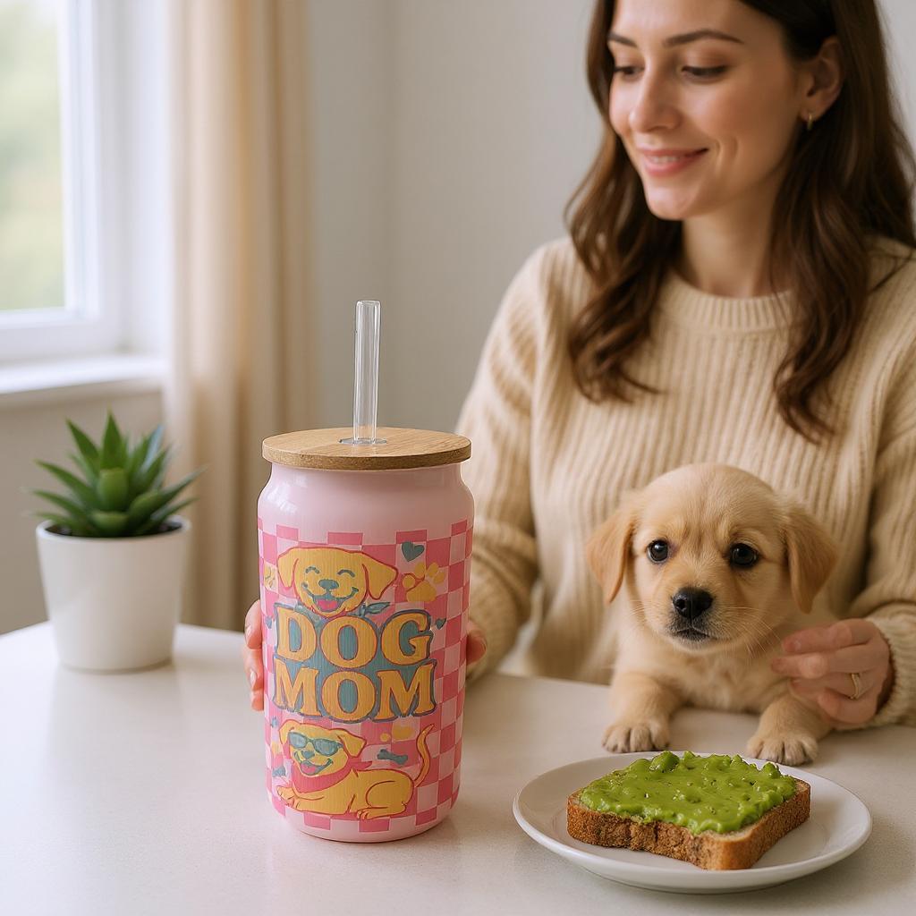 Dog Mom & Cat Mom Glass Can with Bamboo Lid & Straw | Cute Pet-Themed Gift for Animal Lovers, Great for Iced Coffee