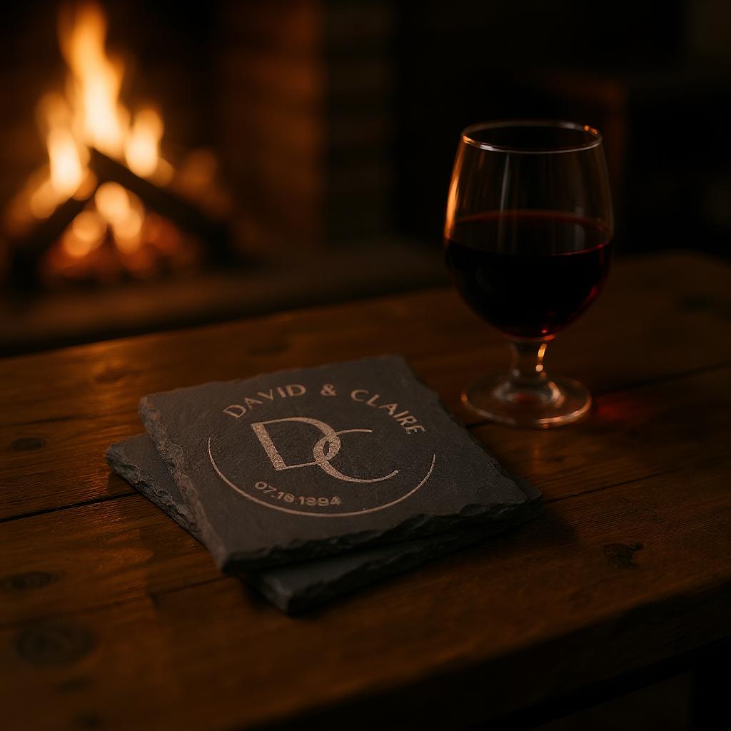Personalized Engraved Coaster - Slate or Wood – Couples Monogram & Name - Set of 4