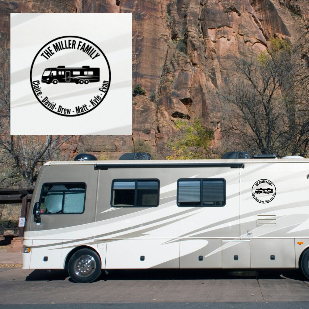 Personalized RV name decal with family name, state shape, and members' names applied to a travel trailer, scenic canyon background