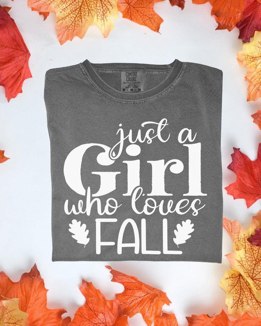 Just a Girl who Loves Fall Comfort Colors Tee Autumn Graphic TShirt Cozy Fall Outfit Customizoo