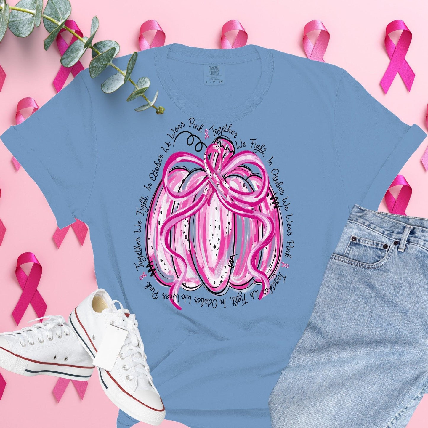 Breast Cancer Awareness Shirt on Comfort Colors® Tee – Pink Ribbon, October Support, Halloween Theme