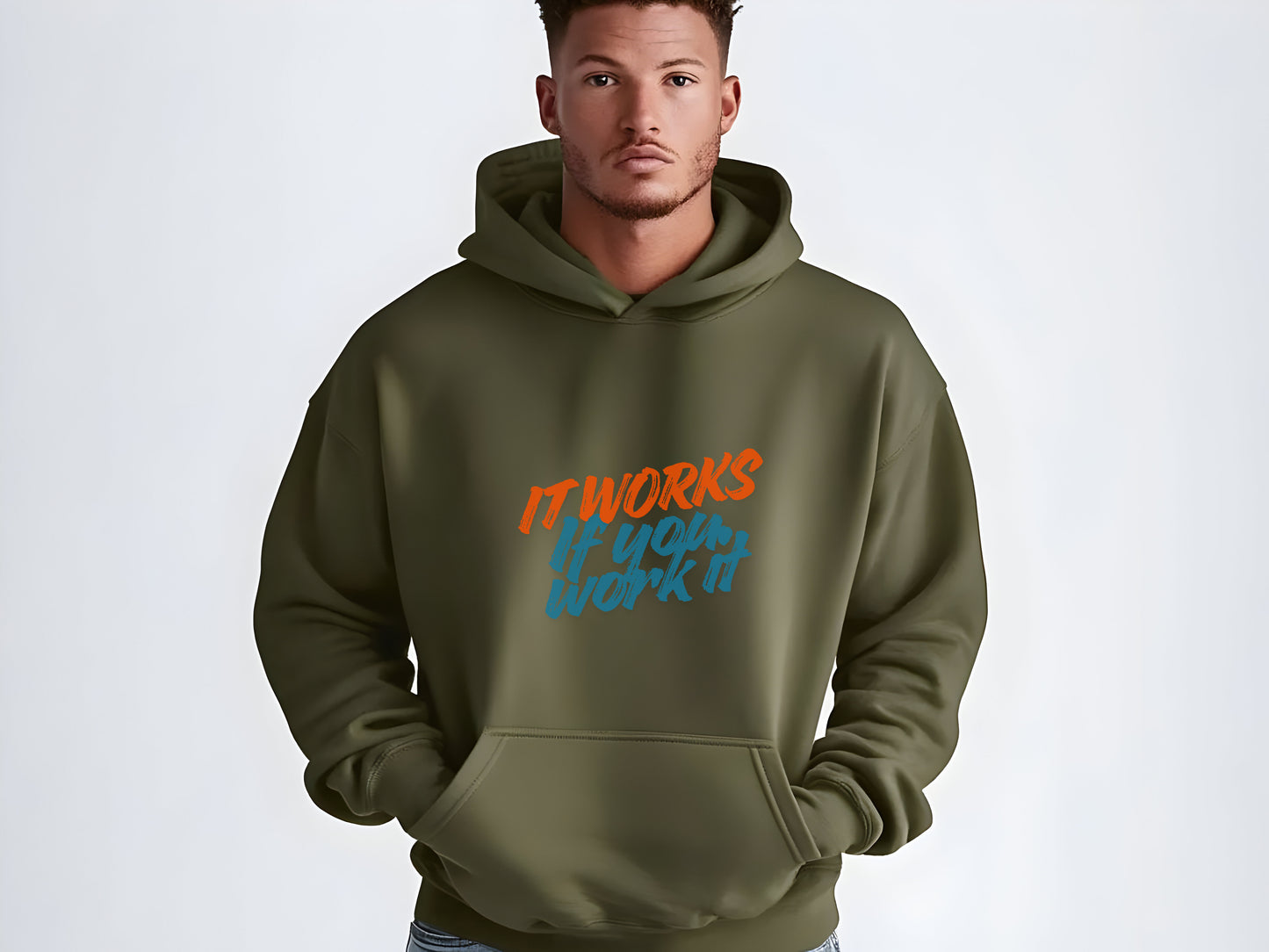 Man wearing a green hoodie with text on a white background