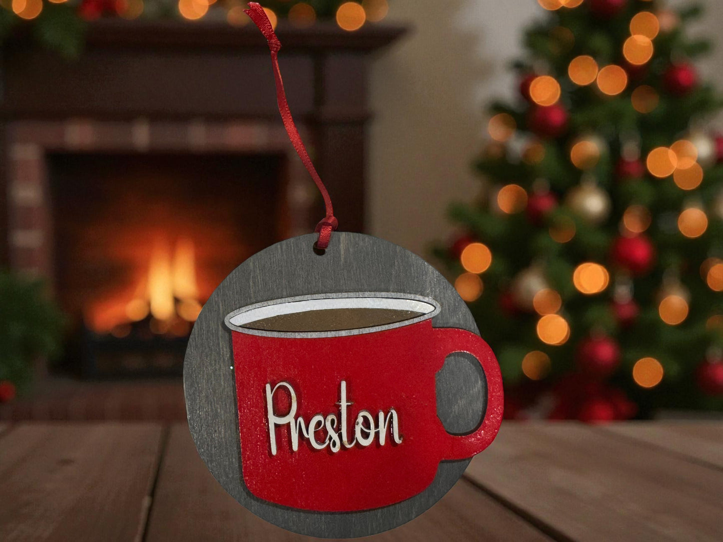 Personalized Wooden Ornament:  Christmas Mug, Laser Cut, Custom Name, Year