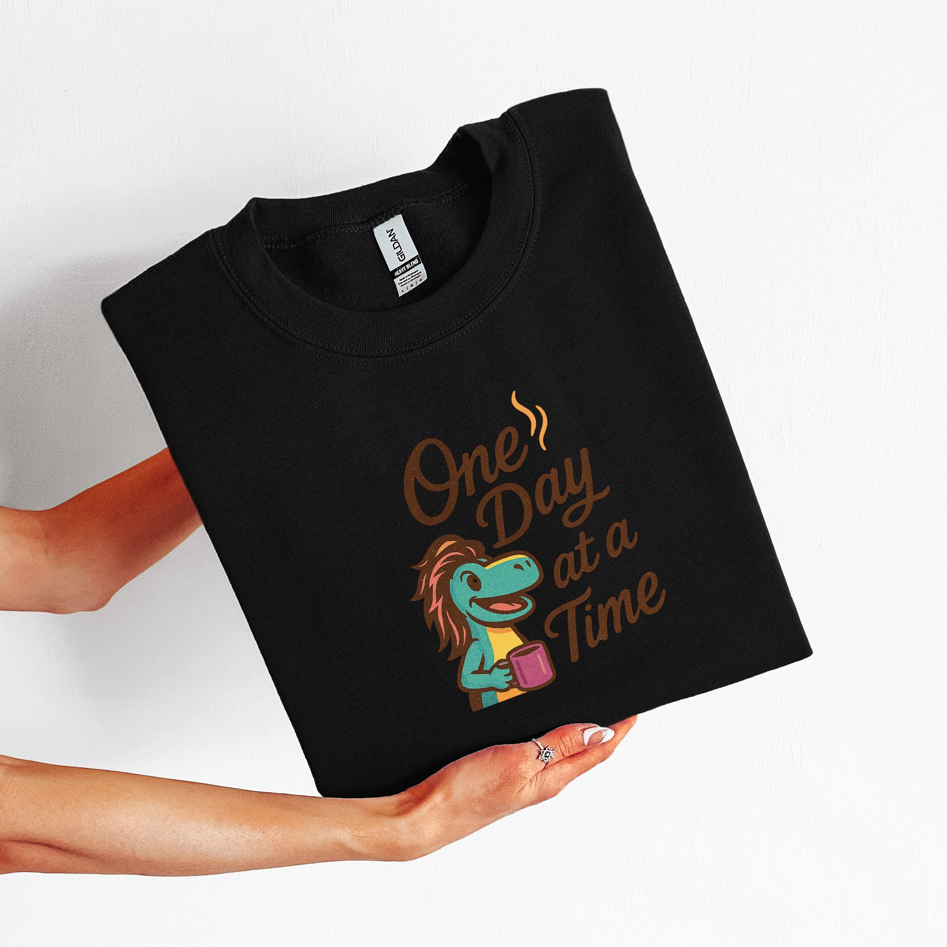 Black t-shirt with a dinosaur graphic and 'One Day at a Time' held by a person on a white background
