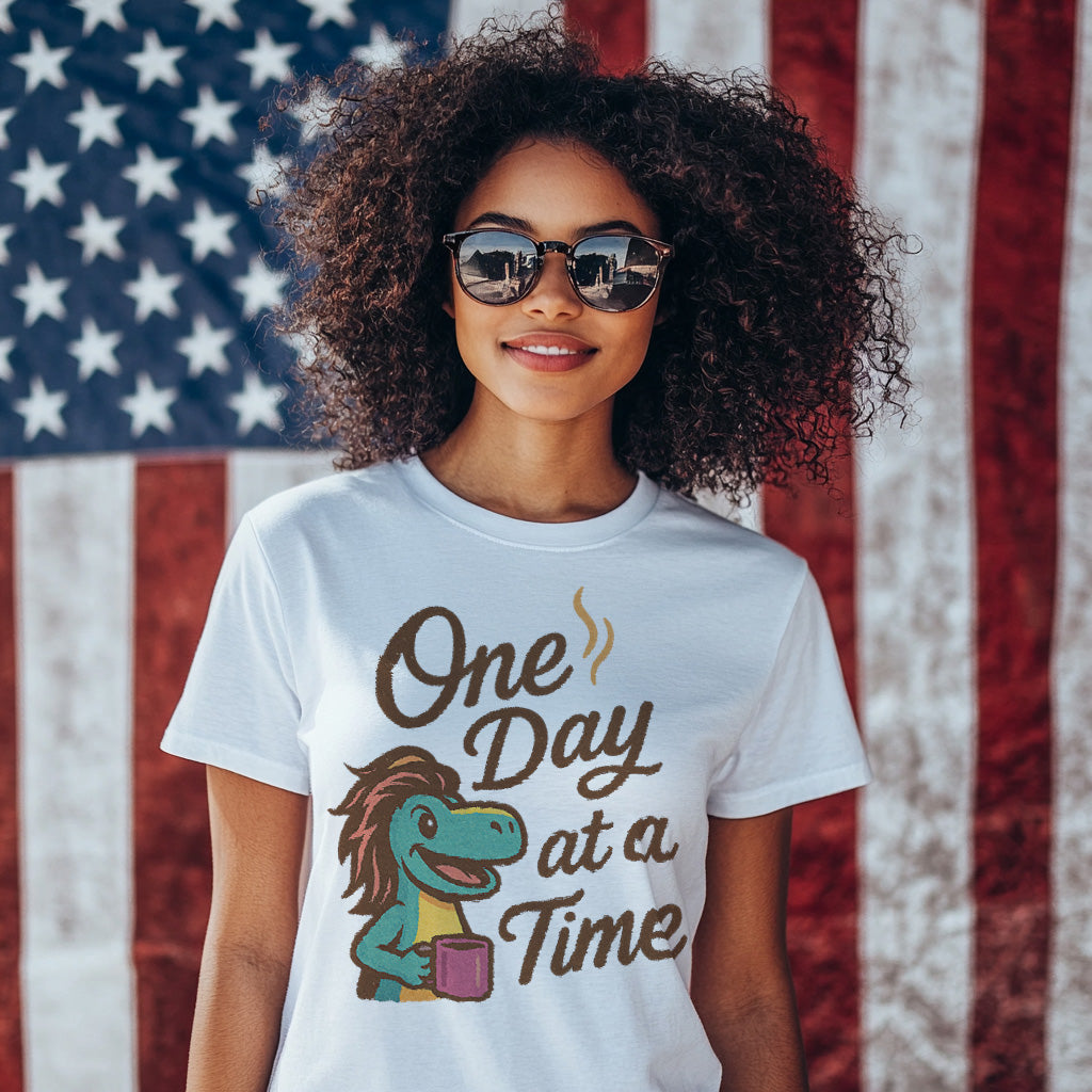 Person wearing a t-shirt with a dinosaur graphic and 'One Day at a Time' in front of an American flag