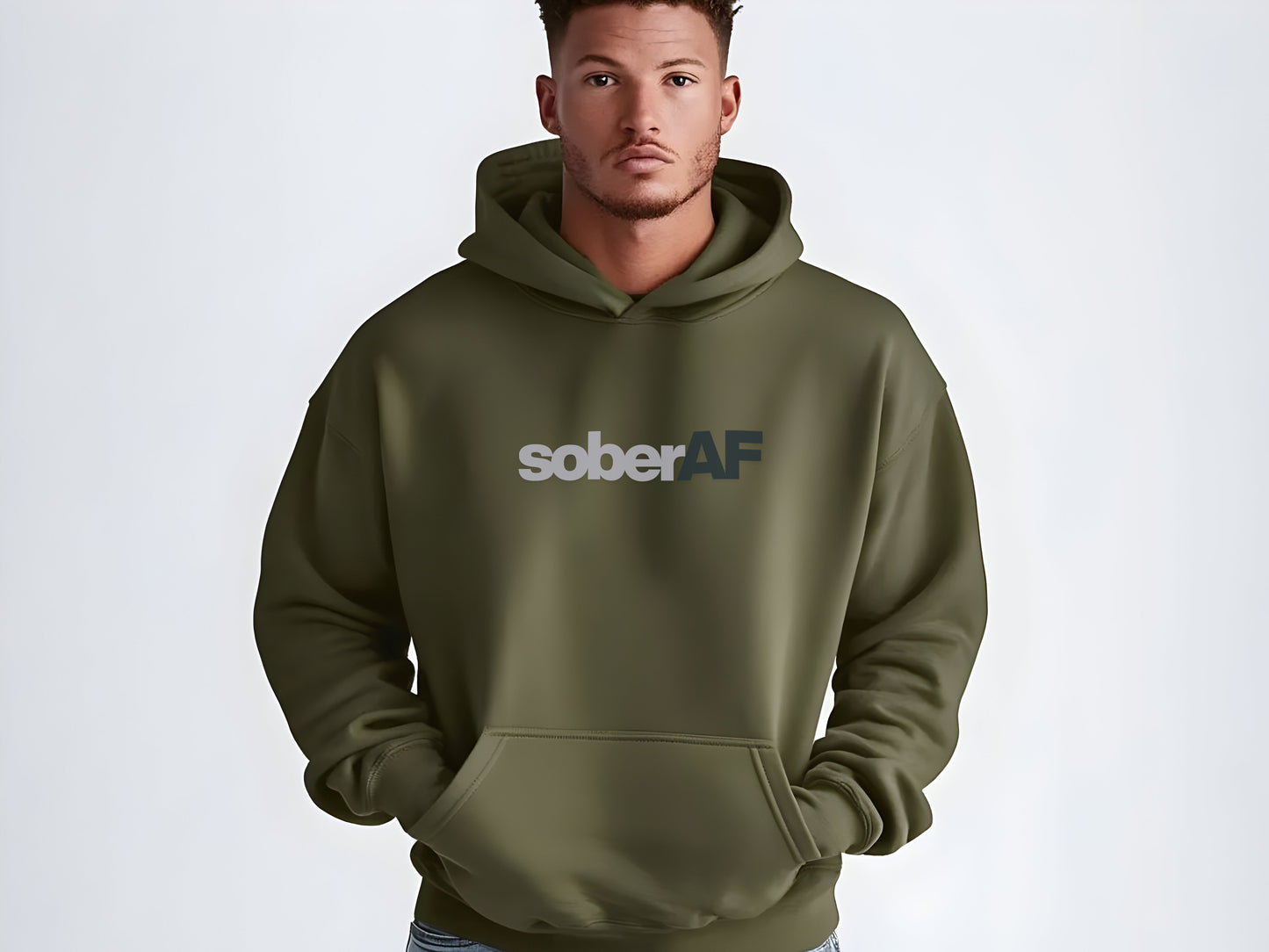 Man wearing a green hoodie with 'soberAF' text on a white background