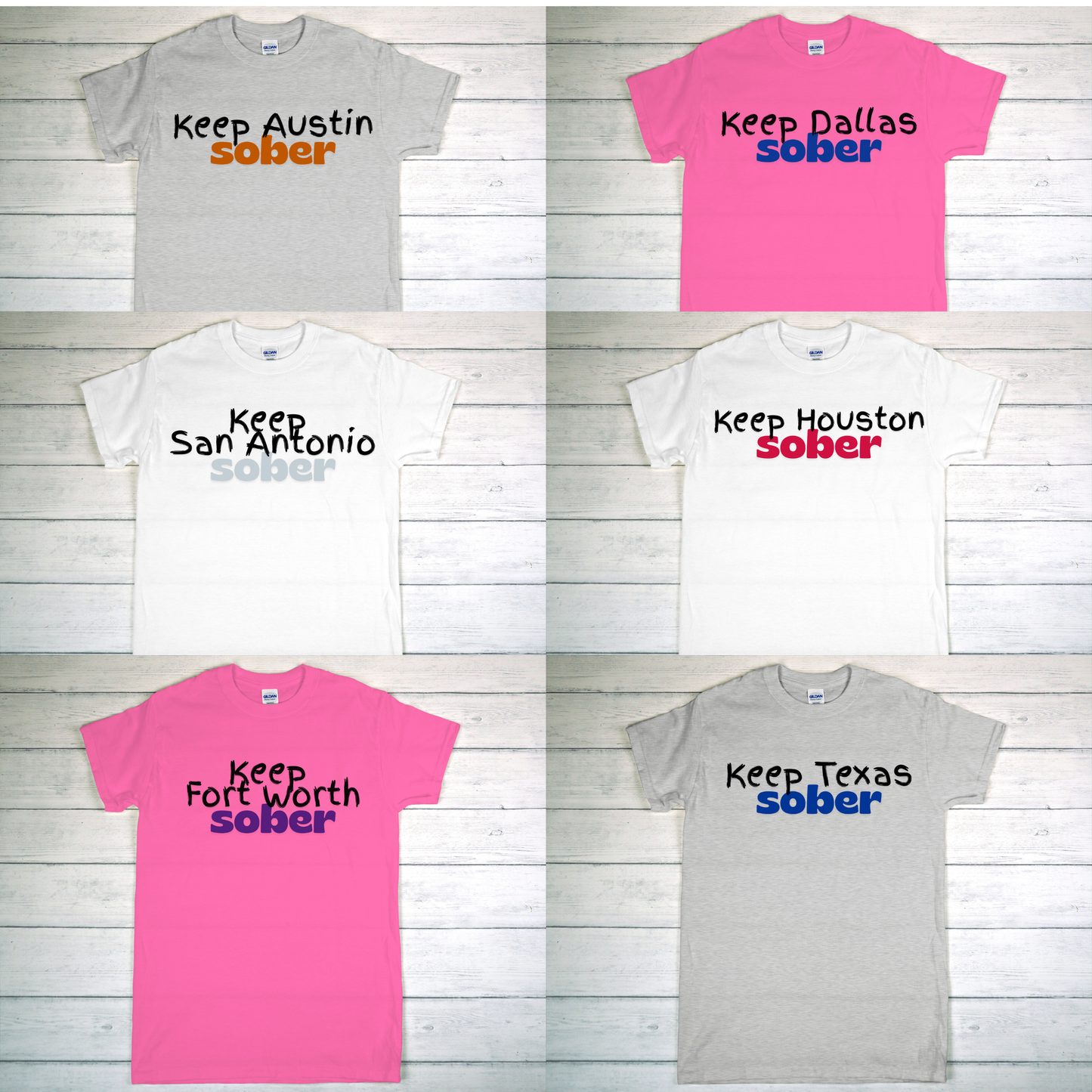 Collection of t-shirts with 'Keep [City] Sober' text on a wooden surface